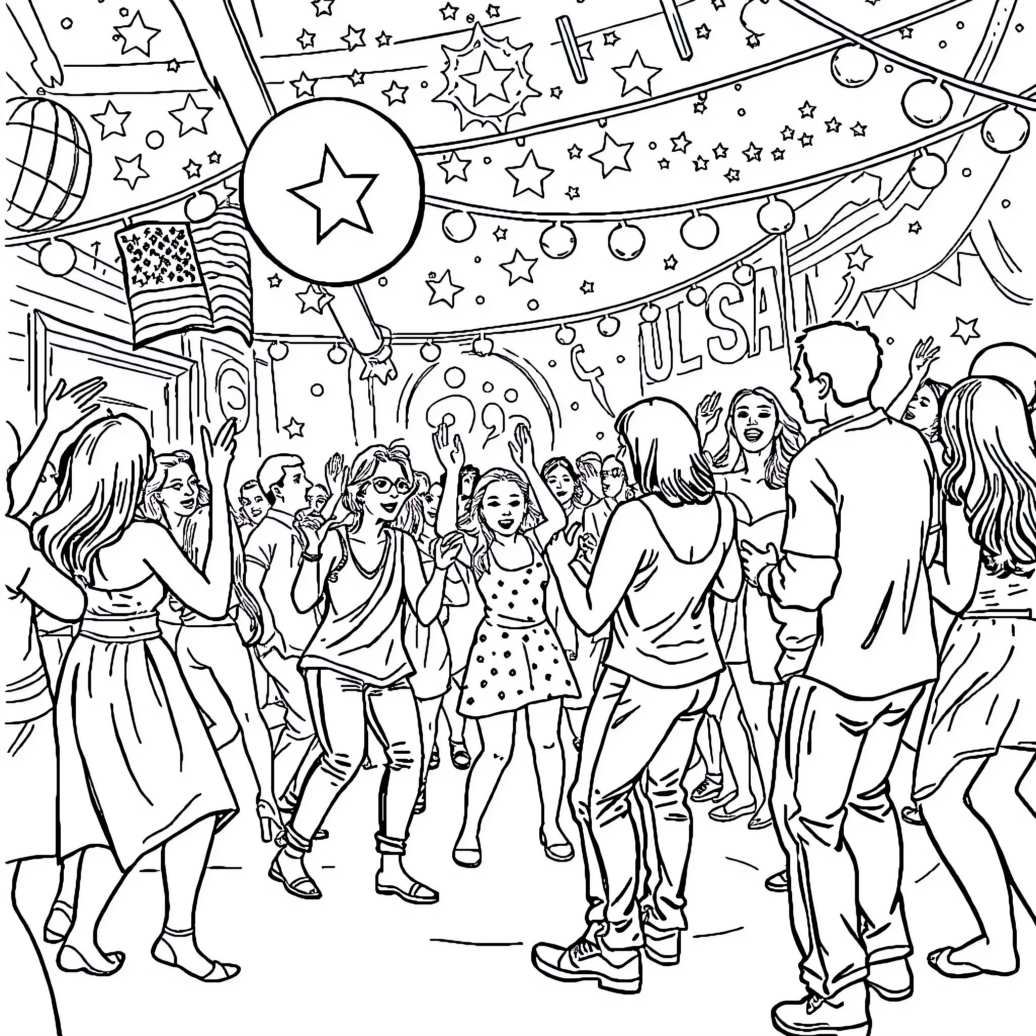 Party with Celebratory Scenes and Festive Decorations Coloring Page (free black-and-white line drawing printable PDF for all, from beginners to advanced learners, including children, teens, adults, and seniors)