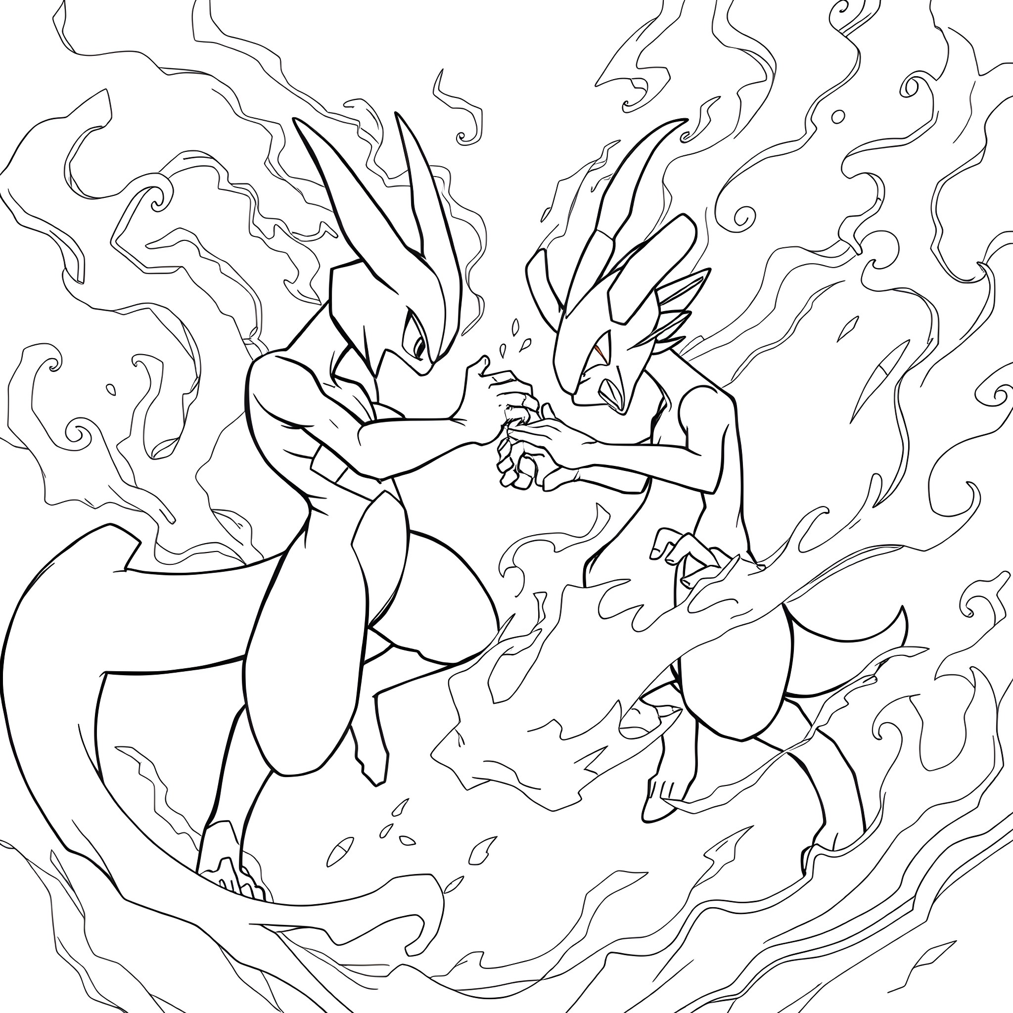 Mewtwo Battling Fiercely with Opponent Coloring Page (free black-and-white line drawing printable PDF for all, from beginners to advanced learners, including children, teens, adults, and seniors)
