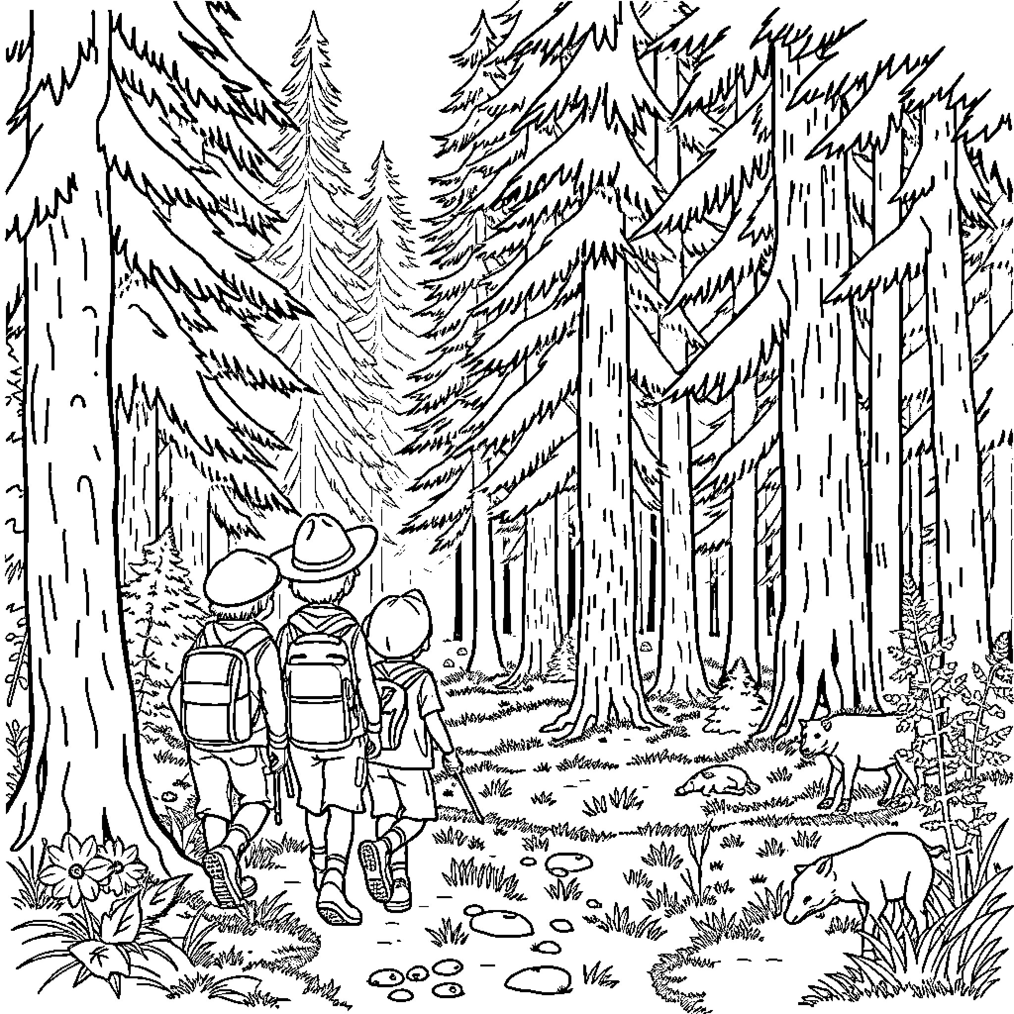 Cubscouts exploring the enchanted forest Coloring Page (free black-and-white line drawing printable PDF for all, from beginners to advanced learners, including children, teens, adults, and seniors)