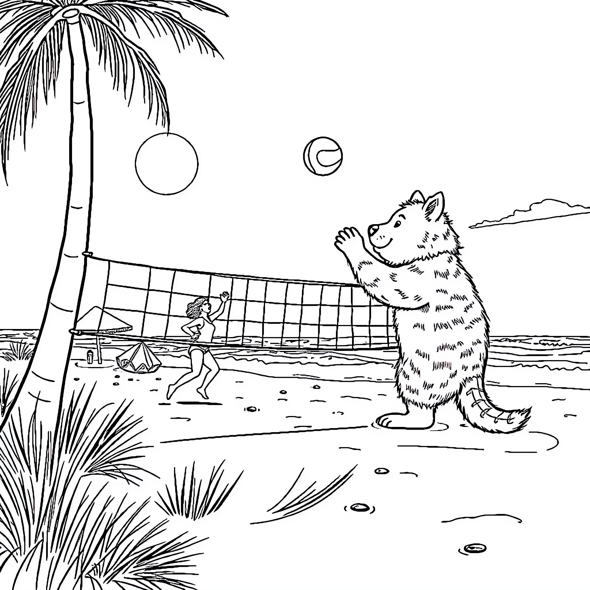 Bear playing volleyball on a tropical beach Coloring Page (free black-and-white line drawing printable PDF for all, from beginners to advanced learners, including children, teens, adults, and seniors)