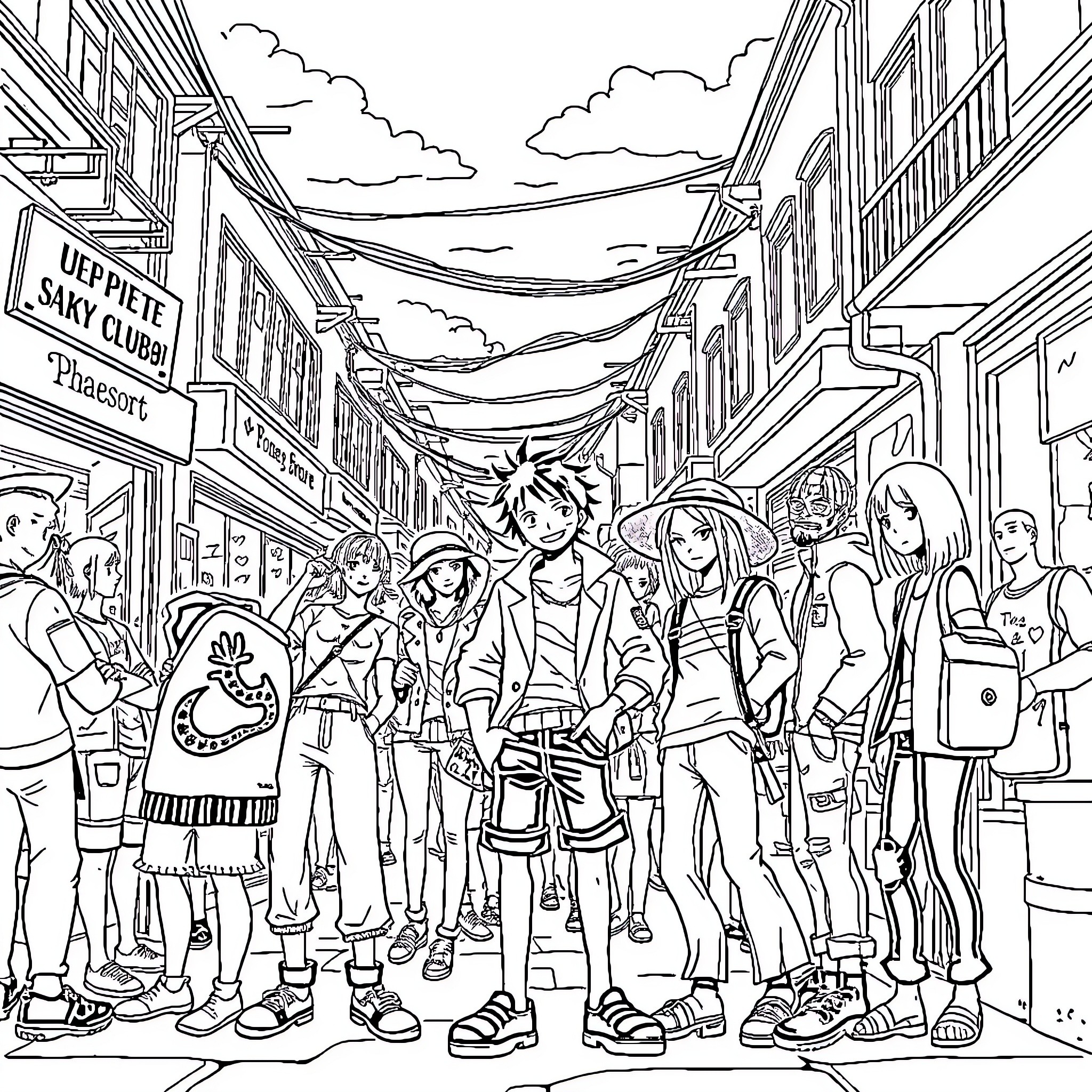 One Piece: Group of Anime Characters in City Street Coloring Page (free black-and-white line drawing printable PDF for all, from beginners to advanced learners, including children, teens, adults, and seniors)