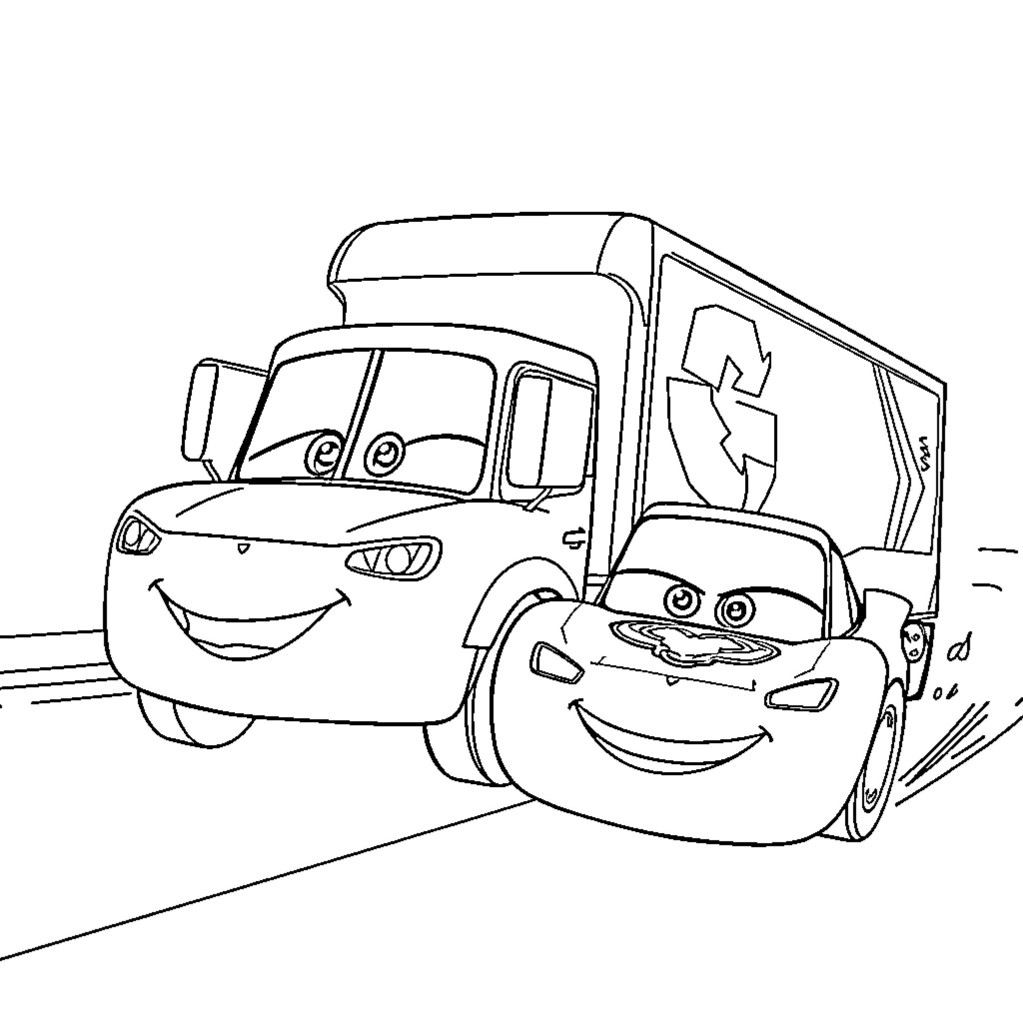 Recycling Truck Friends on the Road Coloring Page (free black-and-white line drawing printable PDF for all, from beginners to advanced learners, including children, teens, adults, and seniors)