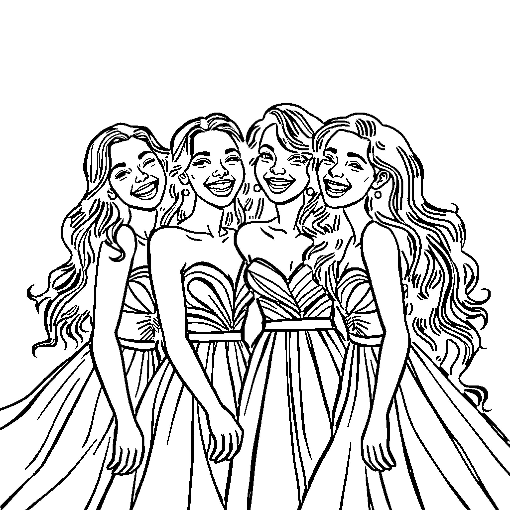 Teen Girls Laughing and Posing Together in Colorful Dresses Coloring Page (free black-and-white line drawing printable PDF for all, from beginners to advanced learners, including children, teens, adults, and seniors)