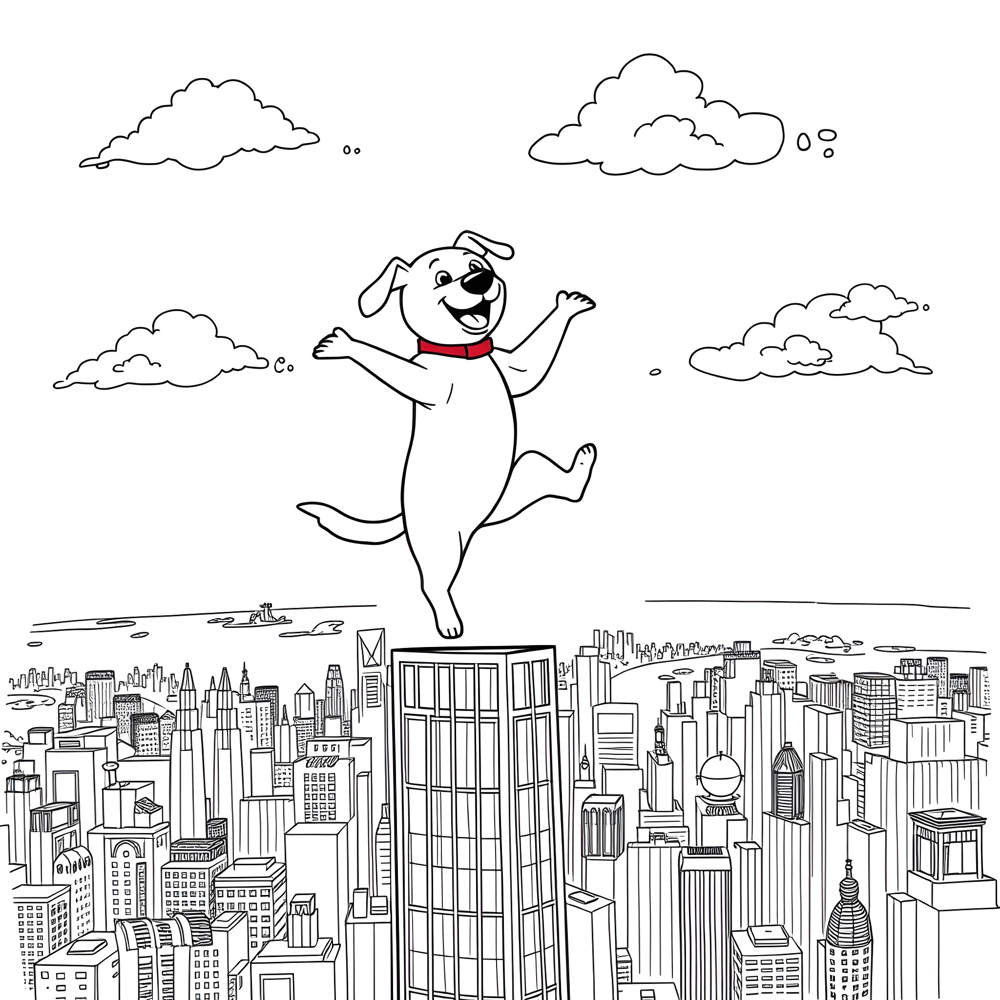 Dog happily leaping over cityscape Coloring Page (free black-and-white line drawing printable PDF for all, from beginners to advanced learners, including children, teens, adults, and seniors)