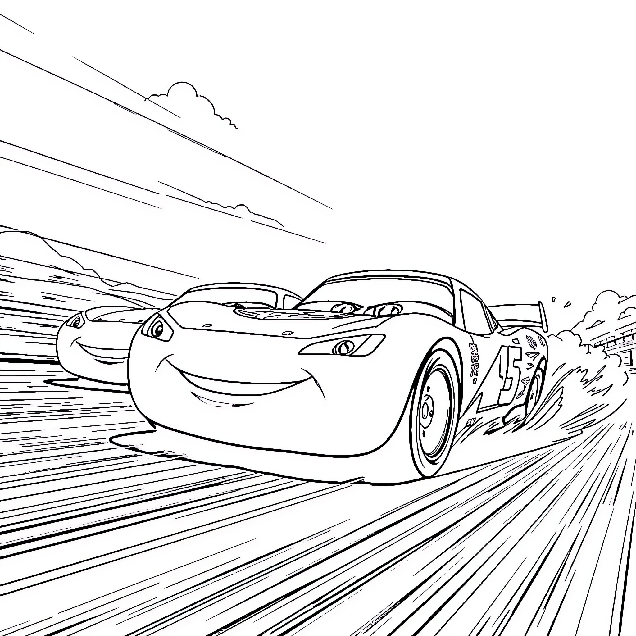Lightning McQueen racing on the track Coloring Page (free black-and-white line drawing printable PDF for all, from beginners to advanced learners, including children, teens, adults, and seniors)