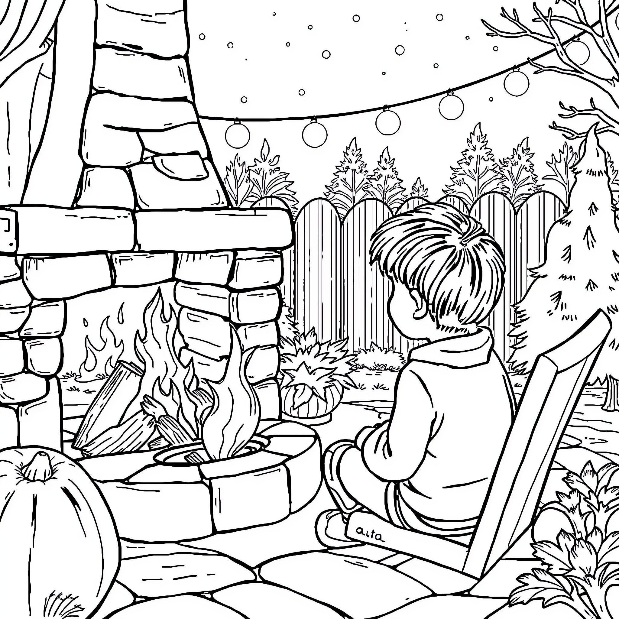 Boy relaxing by the cozy fireplace in the backyard Coloring Page (free black-and-white line drawing printable PDF for all, from beginners to advanced learners, including children, teens, adults, and seniors)