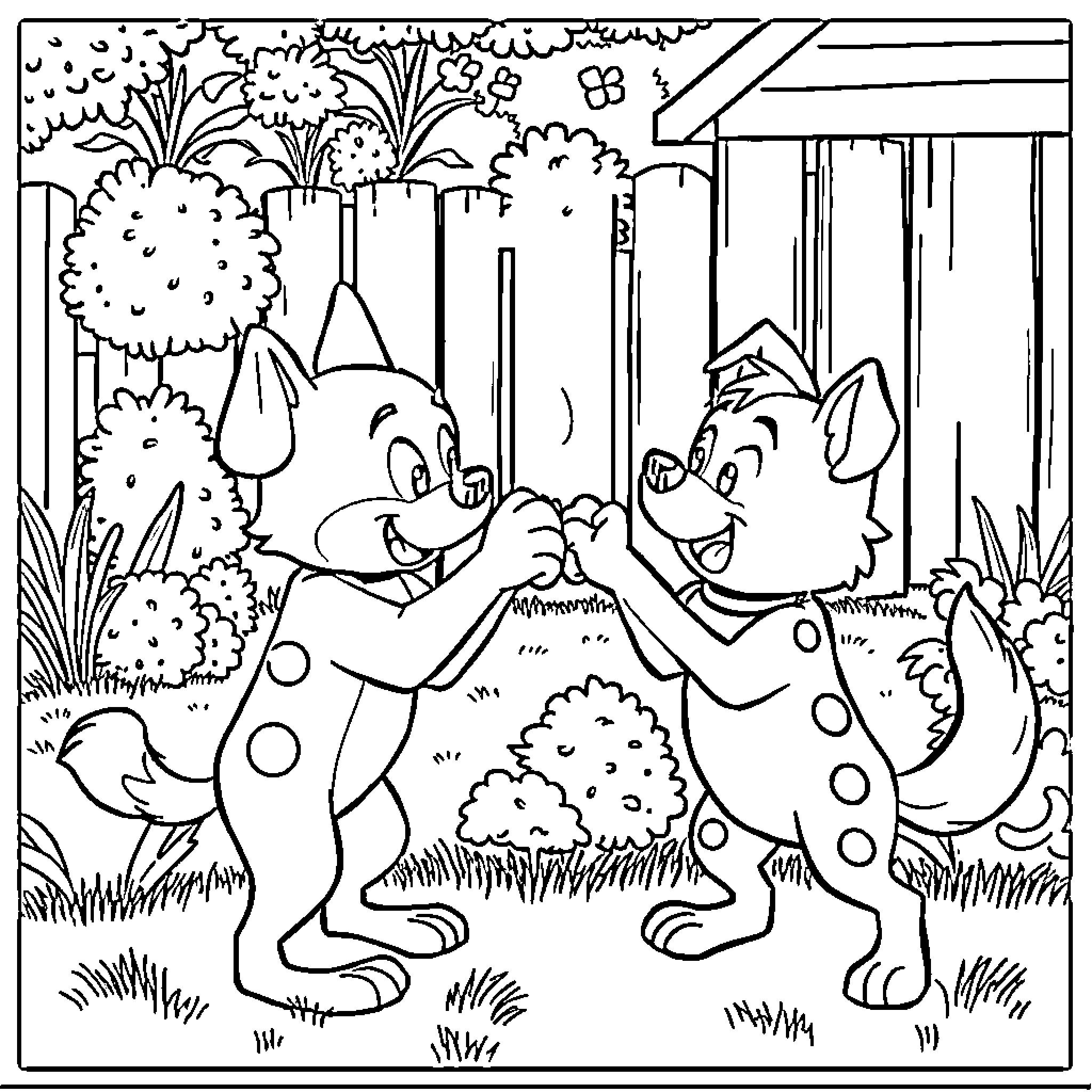Bluey and friends enjoying playtime in the yard Coloring Page (free black-and-white line drawing printable PDF for all, from beginners to advanced learners, including children, teens, adults, and seniors)