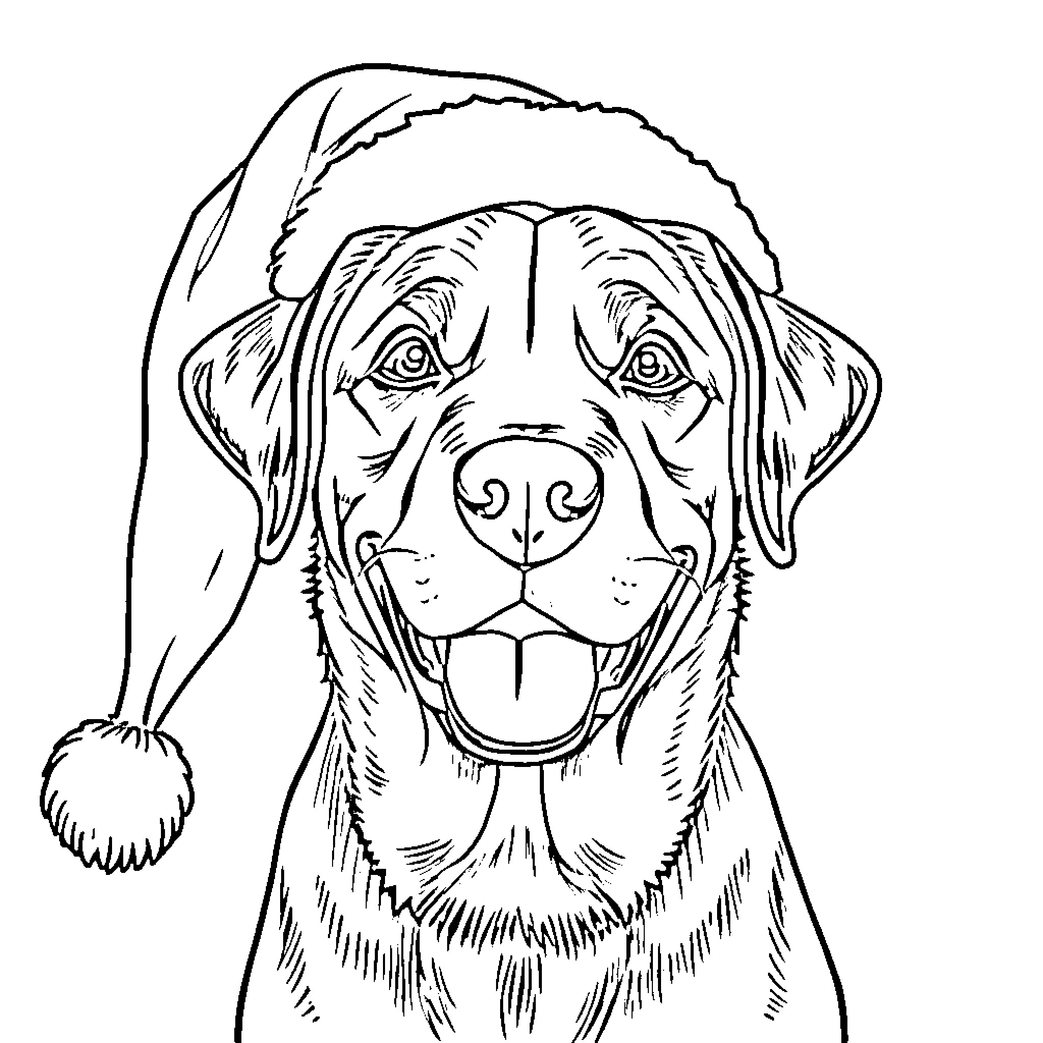 Labrador wearing a Santa hat Coloring Page (free black-and-white line drawing printable PDF for all, from beginners to advanced learners, including children, teens, adults, and seniors)