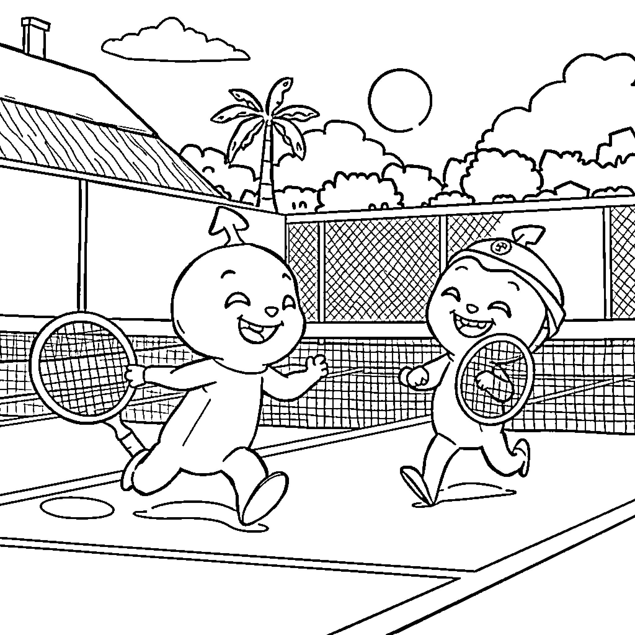 Octonauts playing tennis on a sunny day Coloring Page (free black-and-white line drawing printable PDF for all, from beginners to advanced learners, including children, teens, adults, and seniors)