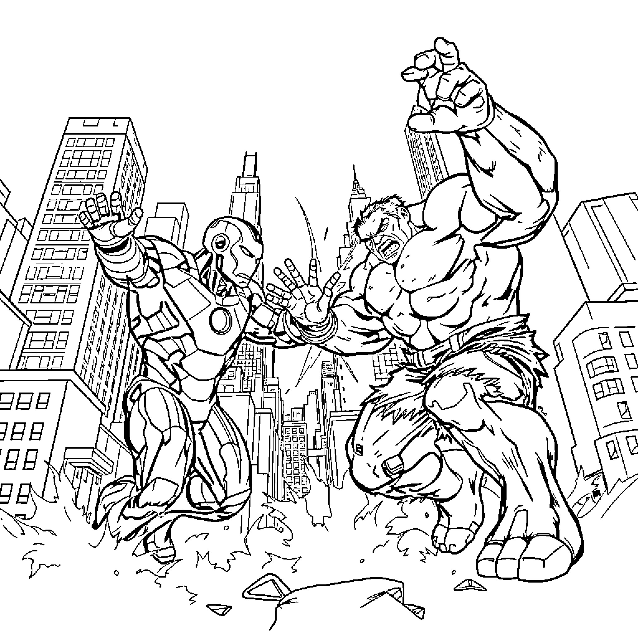 Iron Man battles superheroes and villains in the city Coloring Page (free black-and-white line drawing printable PDF for all, from beginners to advanced learners, including children, teens, adults, and seniors)