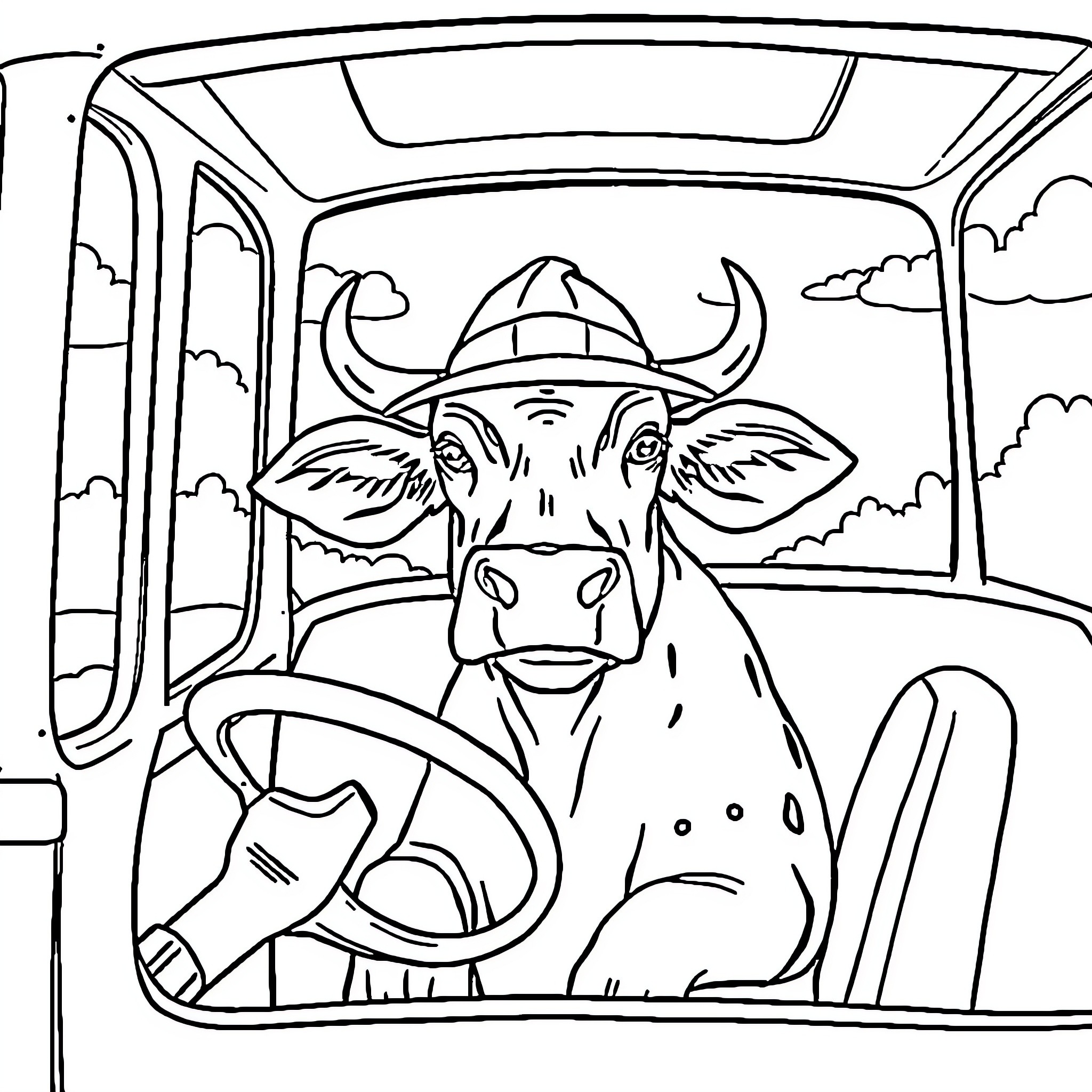 Cow driving a vehicle on the road Coloring Page (free black-and-white line drawing printable PDF for all, from beginners to advanced learners, including children, teens, adults, and seniors)