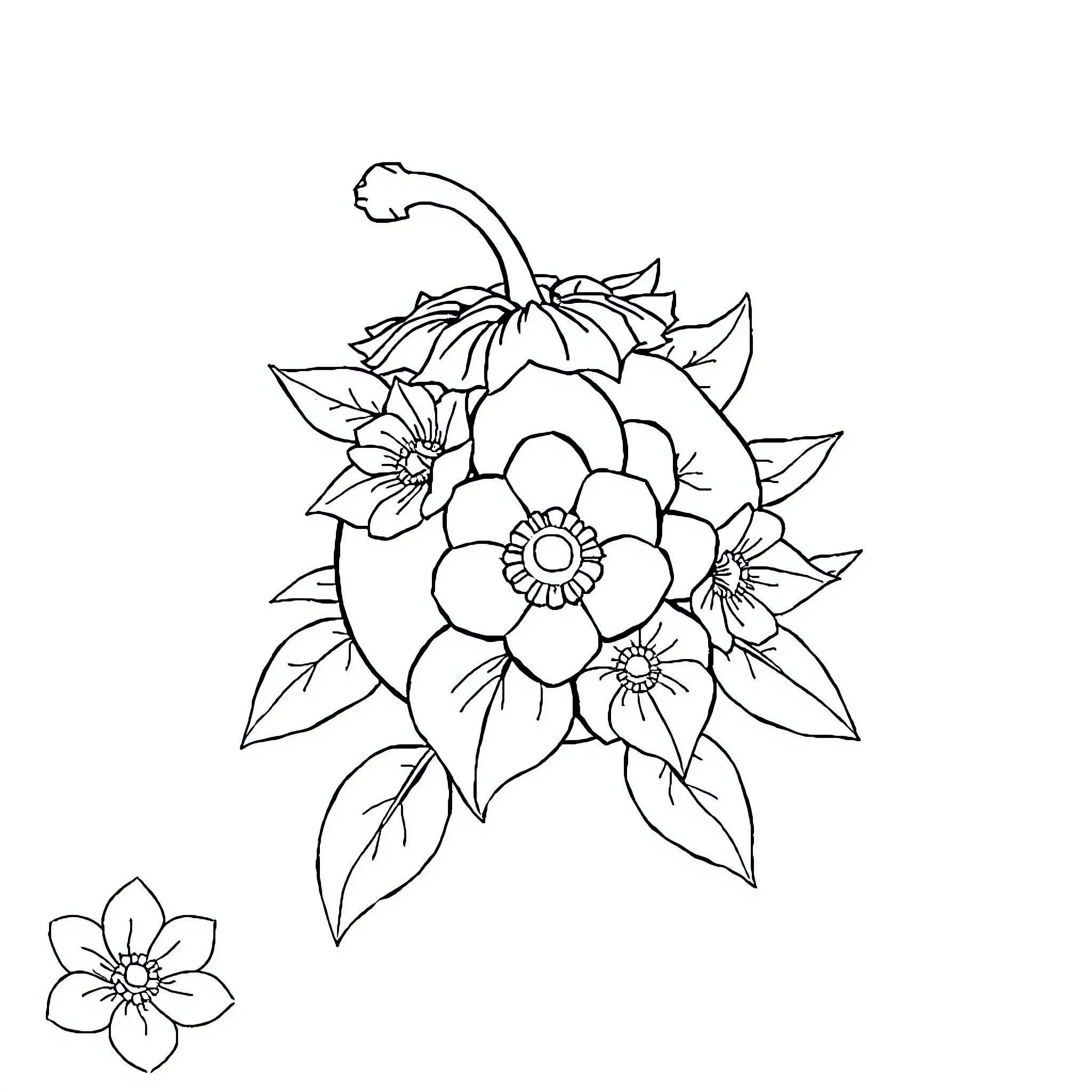 Fruit Floral Bouquet Drawing Coloring Page (free black-and-white line drawing printable PDF for all, from beginners to advanced learners, including children, teens, adults, and seniors)