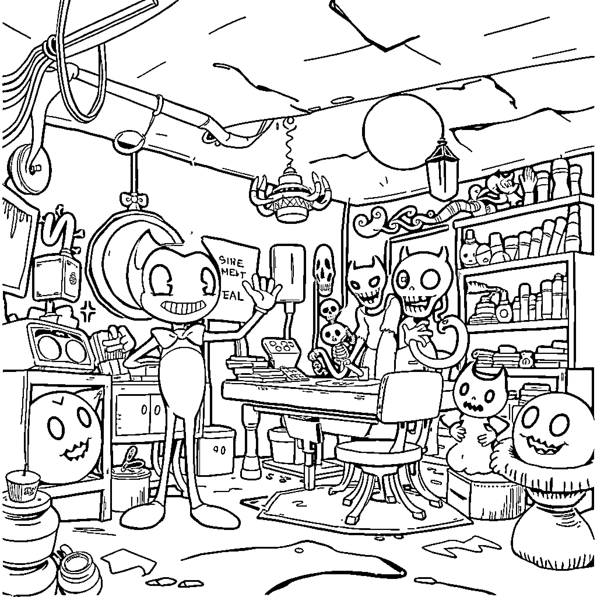Bendy Creatures in a Quirky Workshop Coloring Page (free black-and-white line drawing printable PDF for all, from beginners to advanced learners, including children, teens, adults, and seniors)
