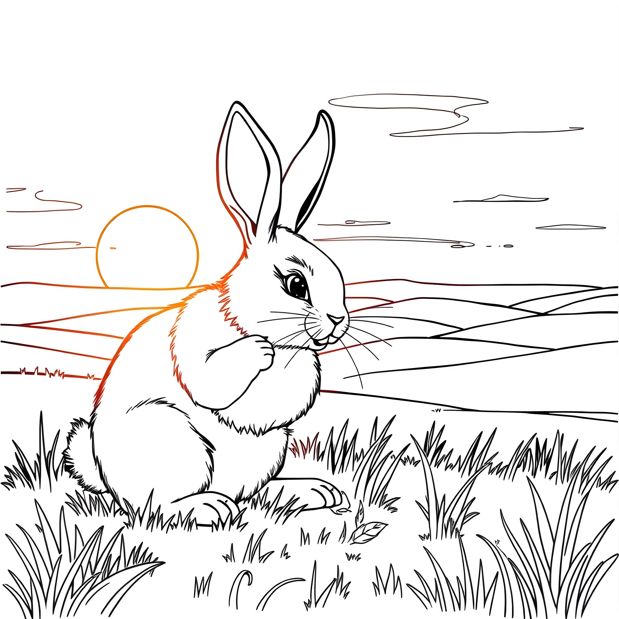 Bunny in the sunset field Coloring Page (free black-and-white line drawing printable PDF for all, from beginners to advanced learners, including children, teens, adults, and seniors)