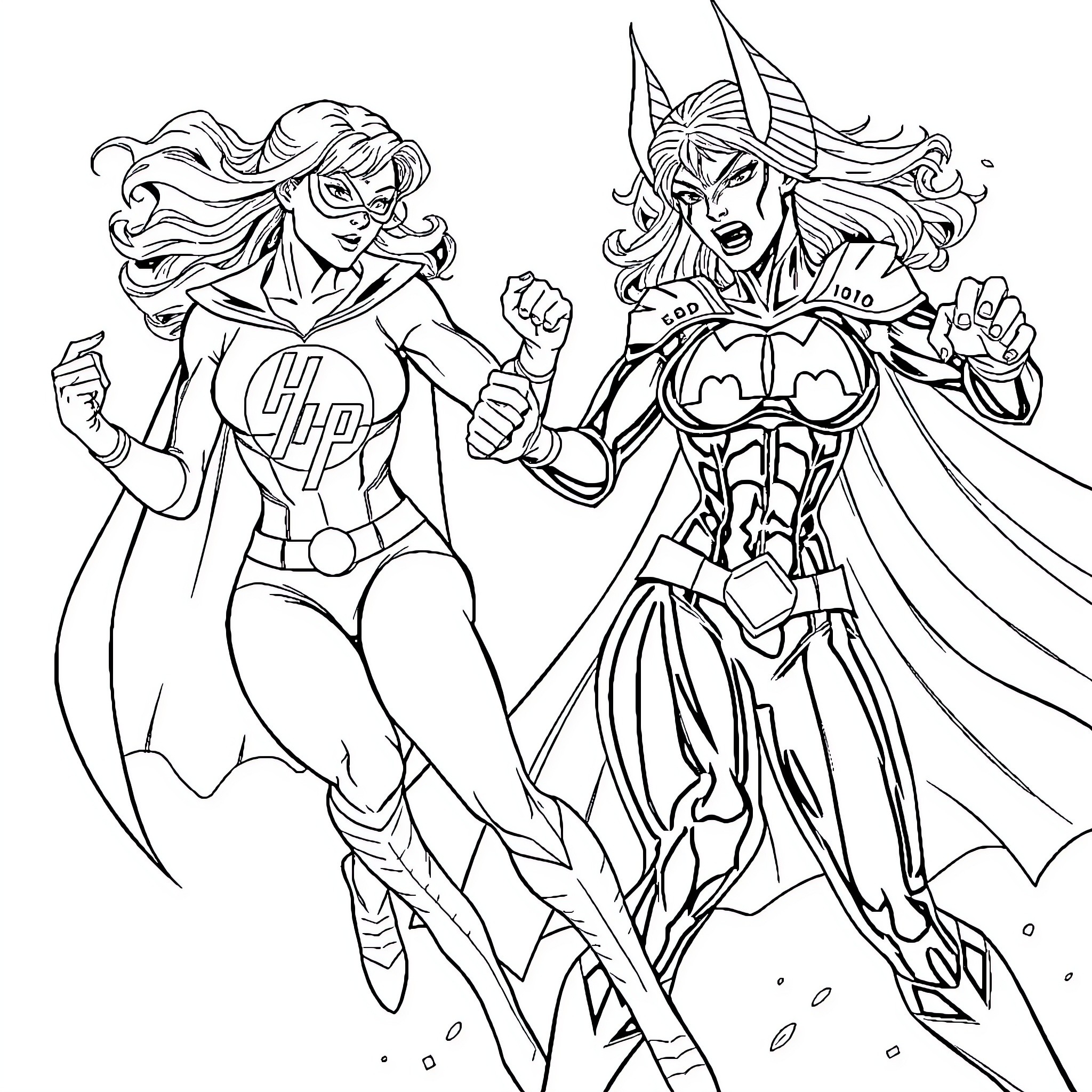 Superhero Women in Fierce Poses Coloring Page (free black-and-white line drawing printable PDF for all, from beginners to advanced learners, including children, teens, adults, and seniors)