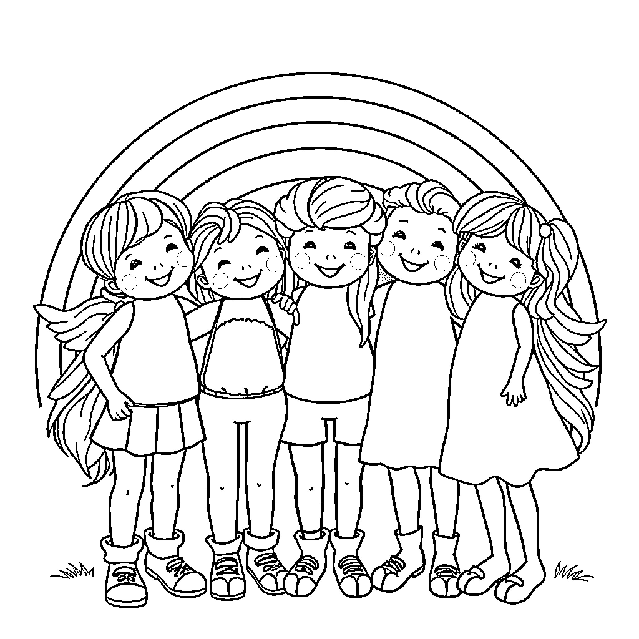 Rainbow Friend Group Enjoying Outdoors Coloring Page (free black-and-white line drawing printable PDF for all, from beginners to advanced learners, including children, teens, adults, and seniors)
