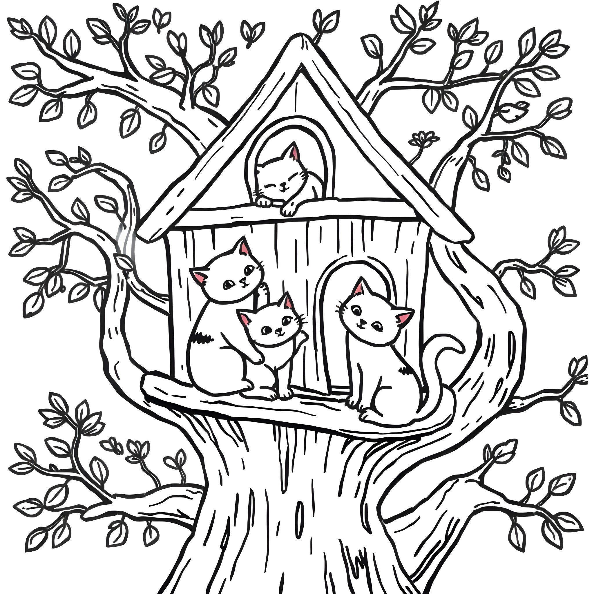 Cats in a cozy treehouse Coloring Page (free black-and-white line drawing printable PDF for all, from beginners to advanced learners, including children, teens, adults, and seniors)