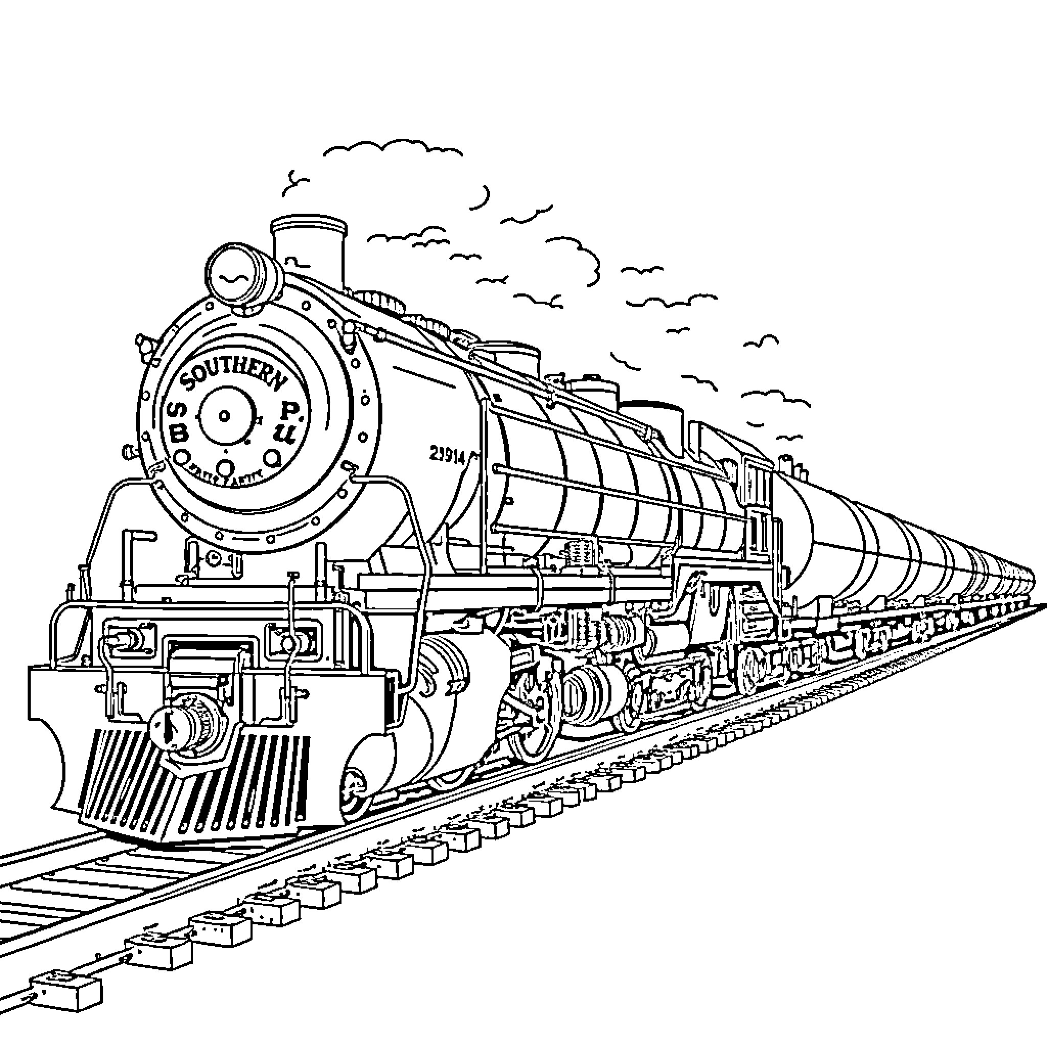 Locomotive Hauling Cargo Train Through Scenic Landscape Coloring Page (free black-and-white line drawing printable PDF for all, from beginners to advanced learners, including children, teens, adults, and seniors)