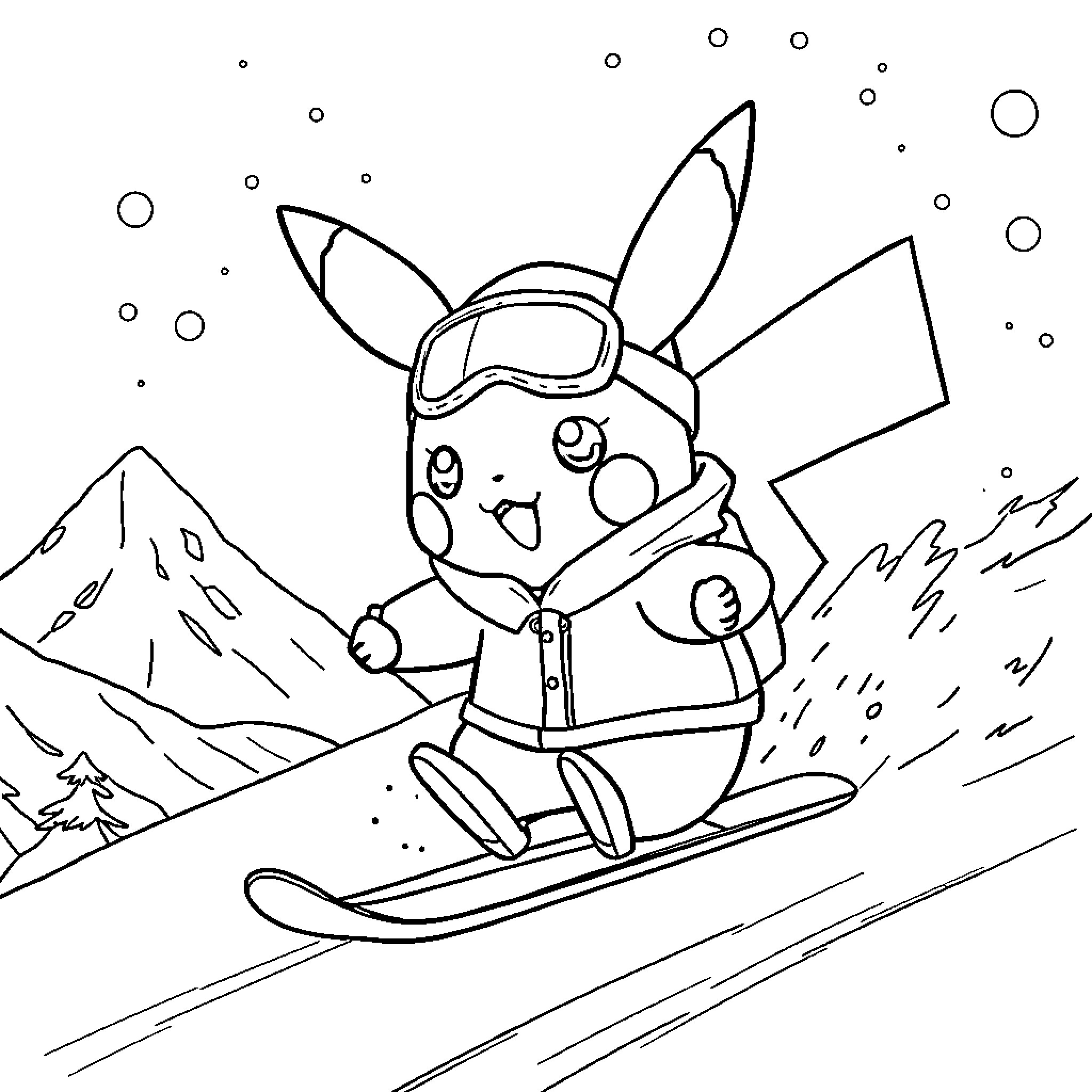 Pikachu enjoying winter sports in the snowy mountains Coloring Page (free black-and-white line drawing printable PDF for all, from beginners to advanced learners, including children, teens, adults, and seniors)