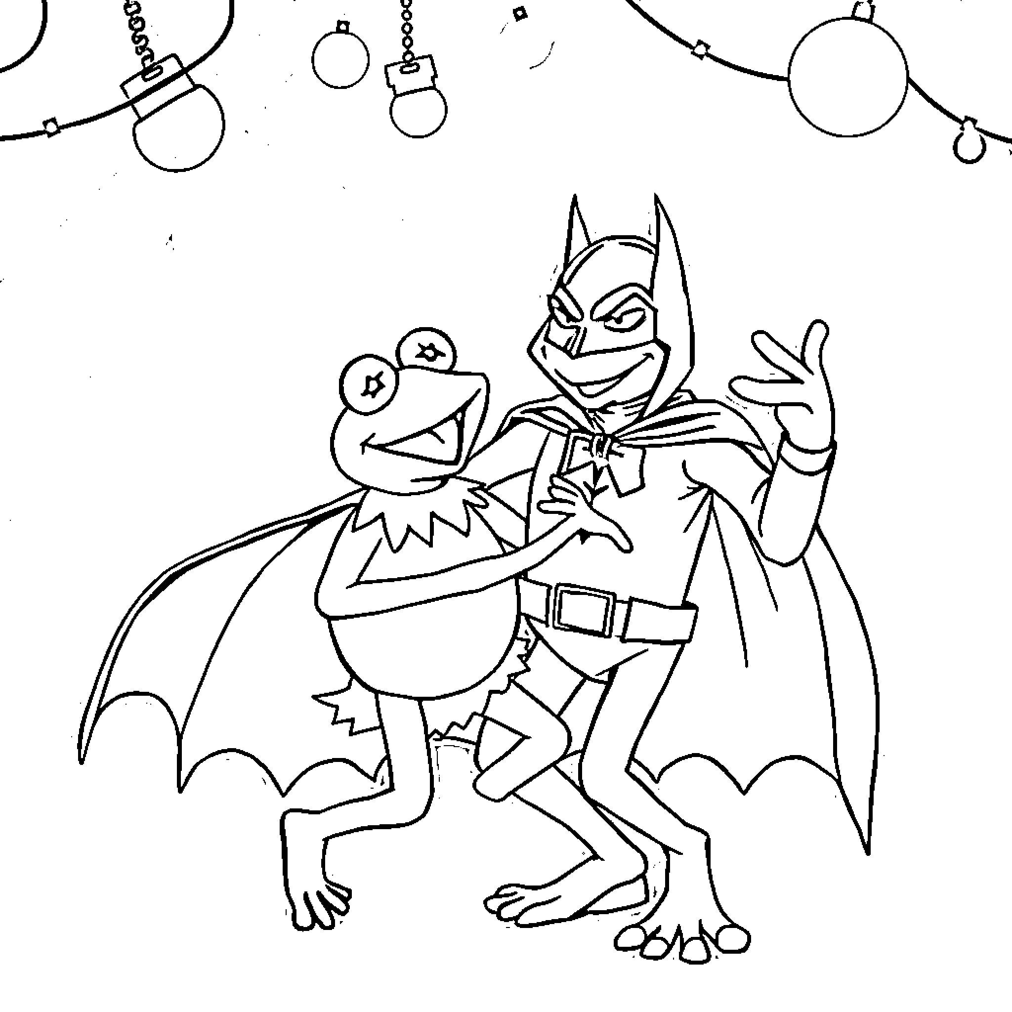 Kermit the Frog and Batman Enjoying Party Decorations Coloring Page (free black-and-white line drawing printable PDF for all, from beginners to advanced learners, including children, teens, adults, and seniors)