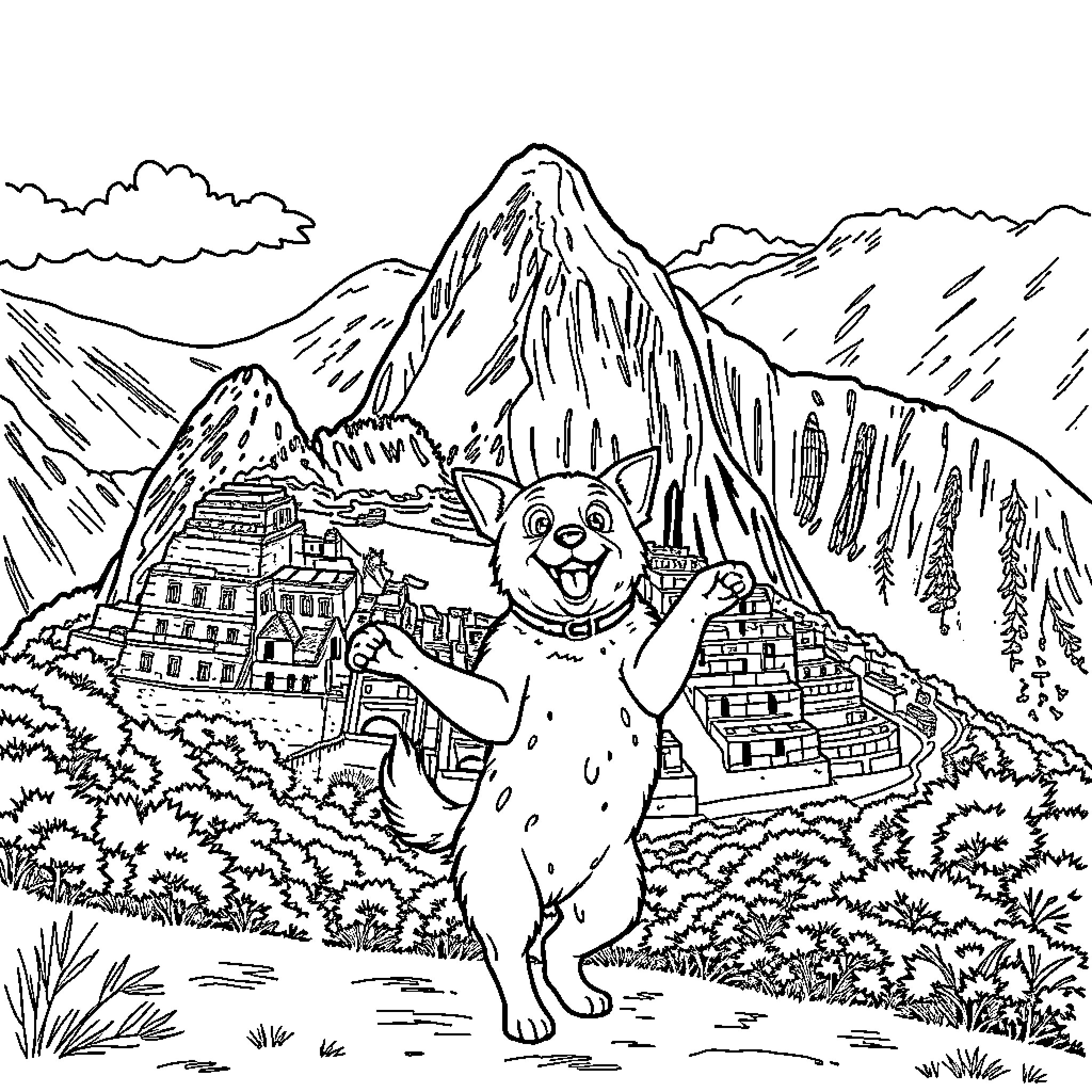 Dog exploring ancient ruins in the mountains Coloring Page (free black-and-white line drawing printable PDF for all, from beginners to advanced learners, including children, teens, adults, and seniors)