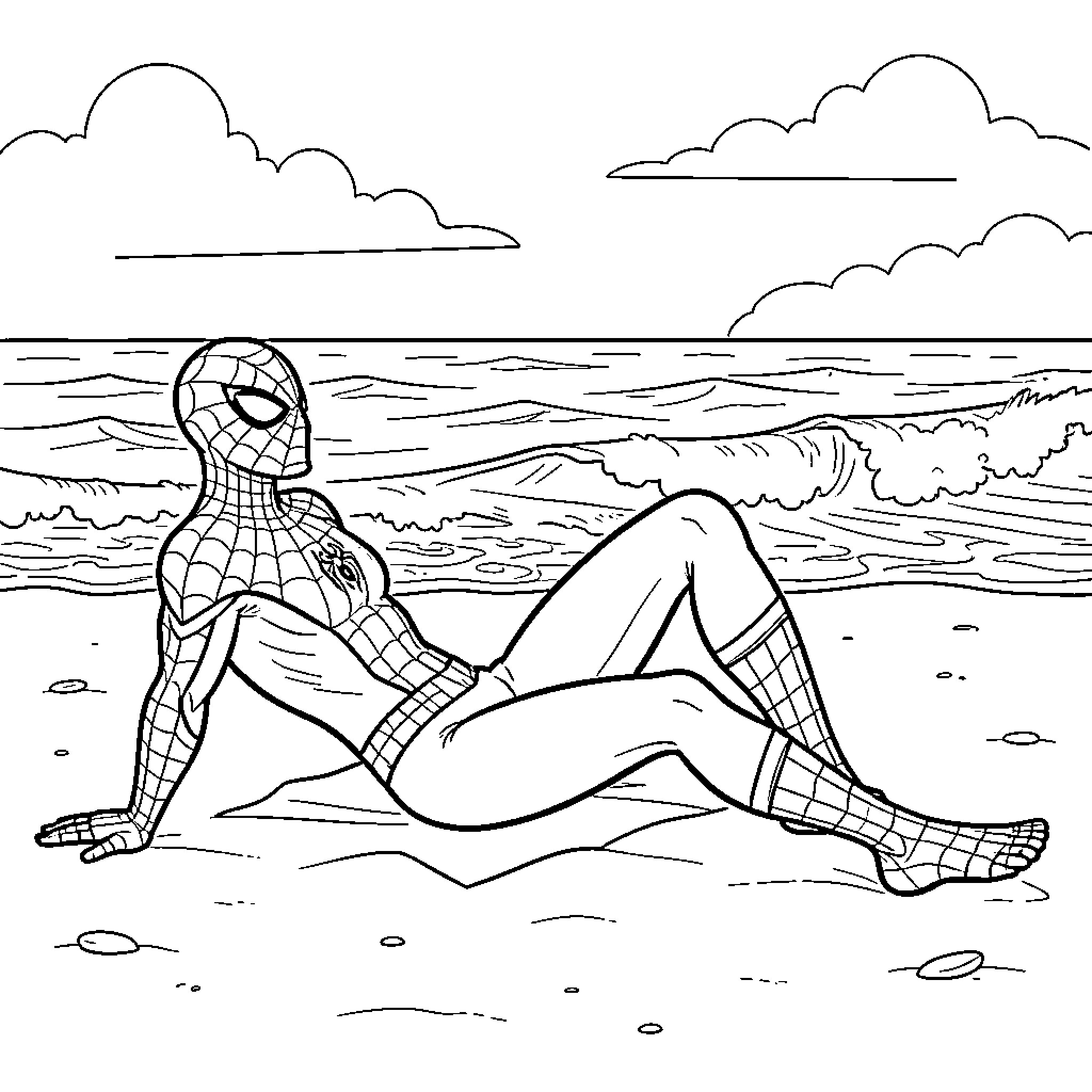 Spiderman relaxing and lounging on a sandy beach Coloring Page (free black-and-white line drawing printable PDF for all, from beginners to advanced learners, including children, teens, adults, and seniors)
