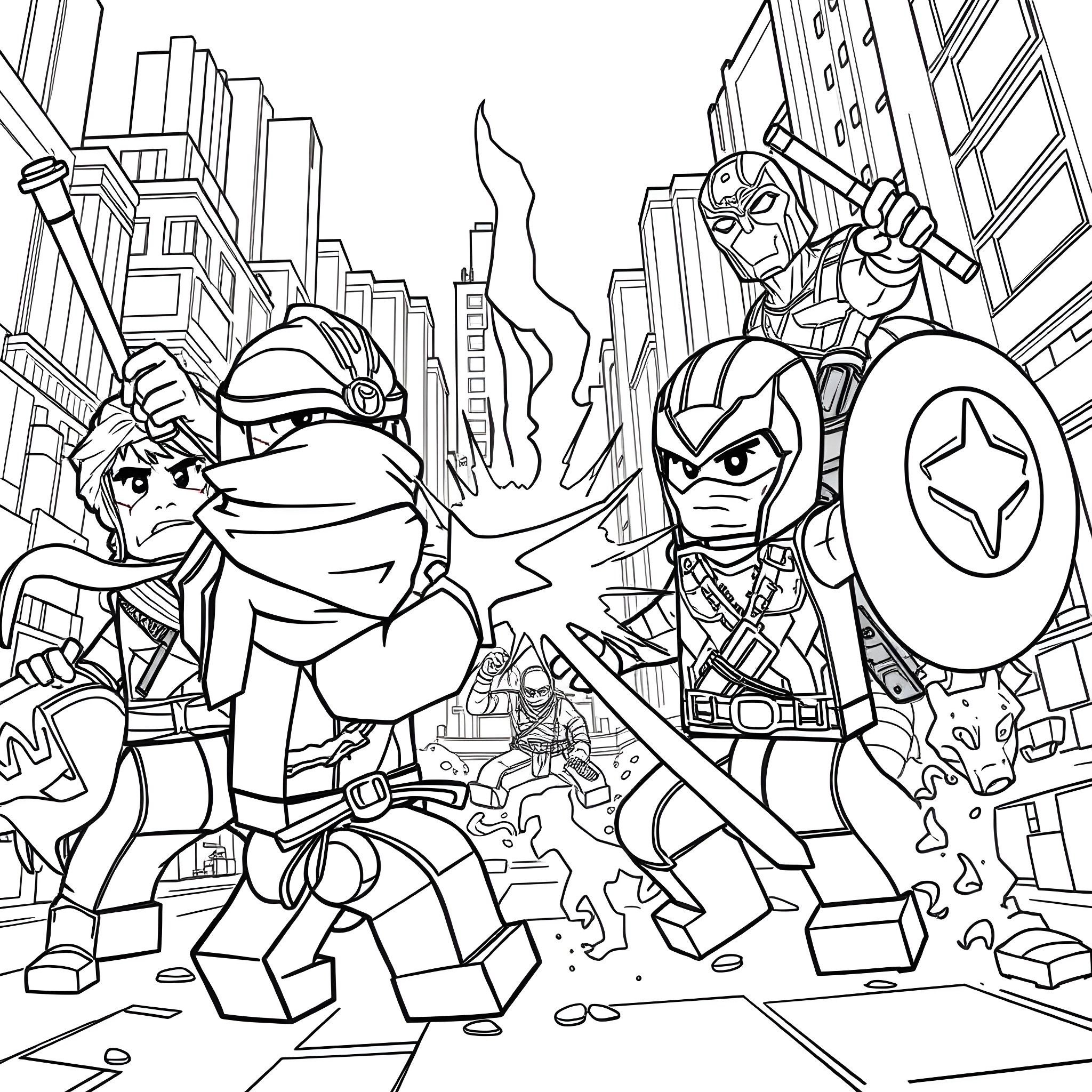Ninjago heroes battling in the city Coloring Page (free black-and-white line drawing printable PDF for all, from beginners to advanced learners, including children, teens, adults, and seniors)