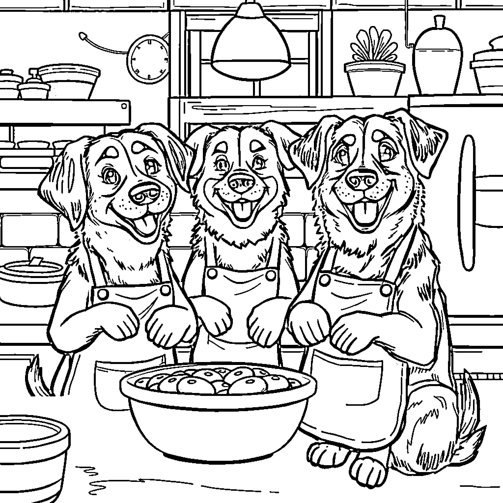 Dog trio baking treats in the kitchen Coloring Page (free black-and-white line drawing printable PDF for all, from beginners to advanced learners, including children, teens, adults, and seniors)