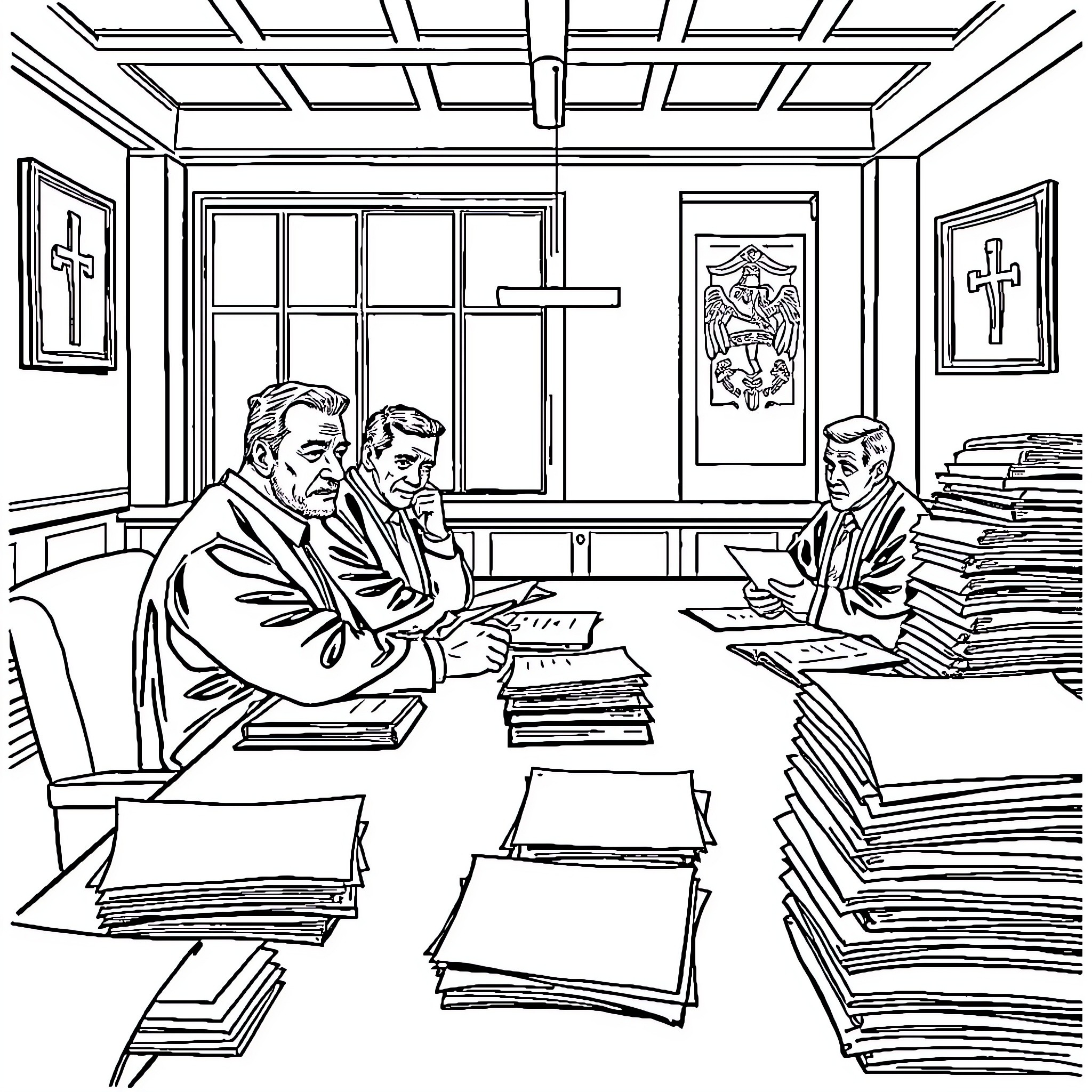 Minister Discussing Important Matters with Colleagues in Office Coloring Page (free black-and-white line drawing printable PDF for all, from beginners to advanced learners, including children, teens, adults, and seniors)