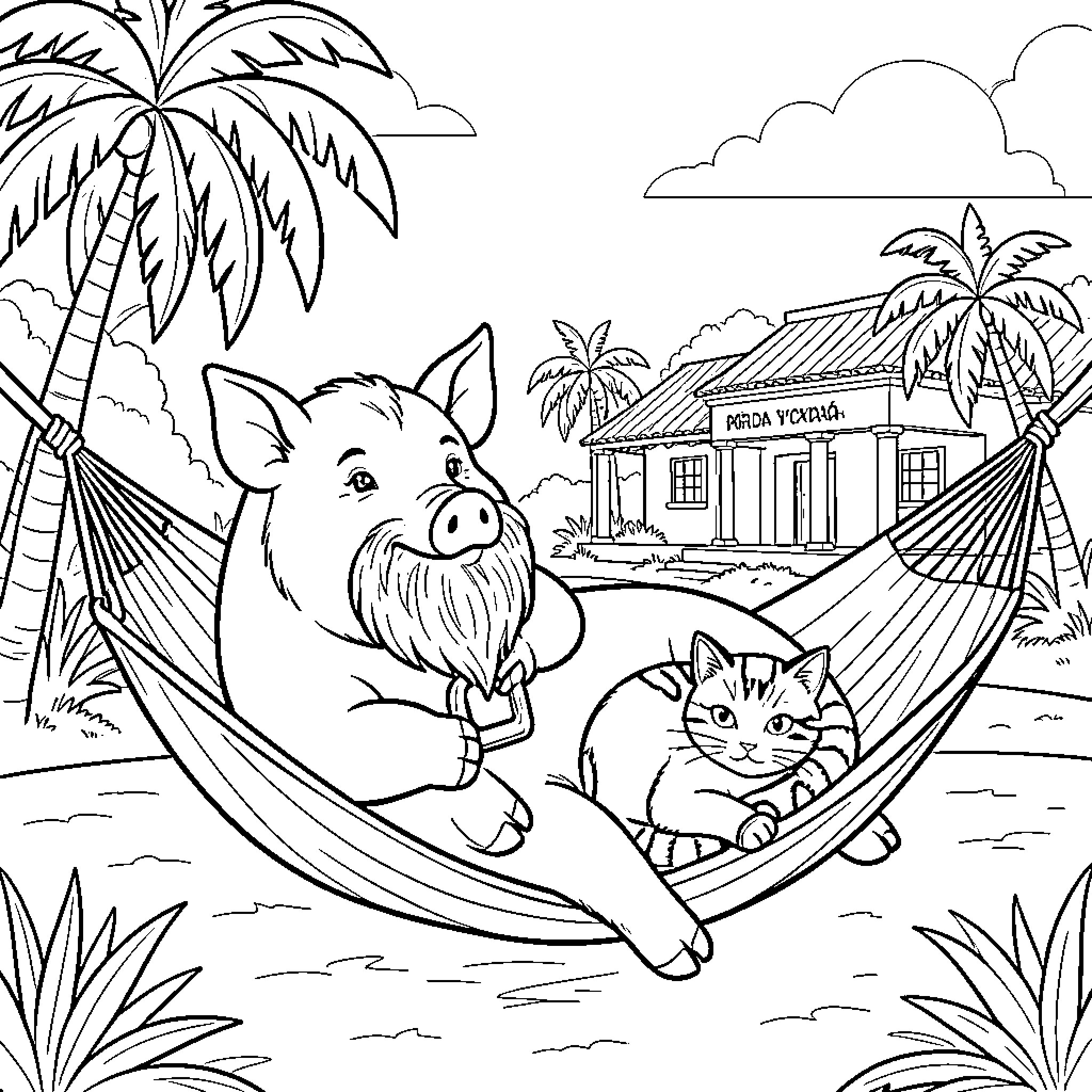 Cerdo relaxing with feline companion in tropical paradise Coloring Page (free black-and-white line drawing printable PDF for all, from beginners to advanced learners, including children, teens, adults, and seniors)