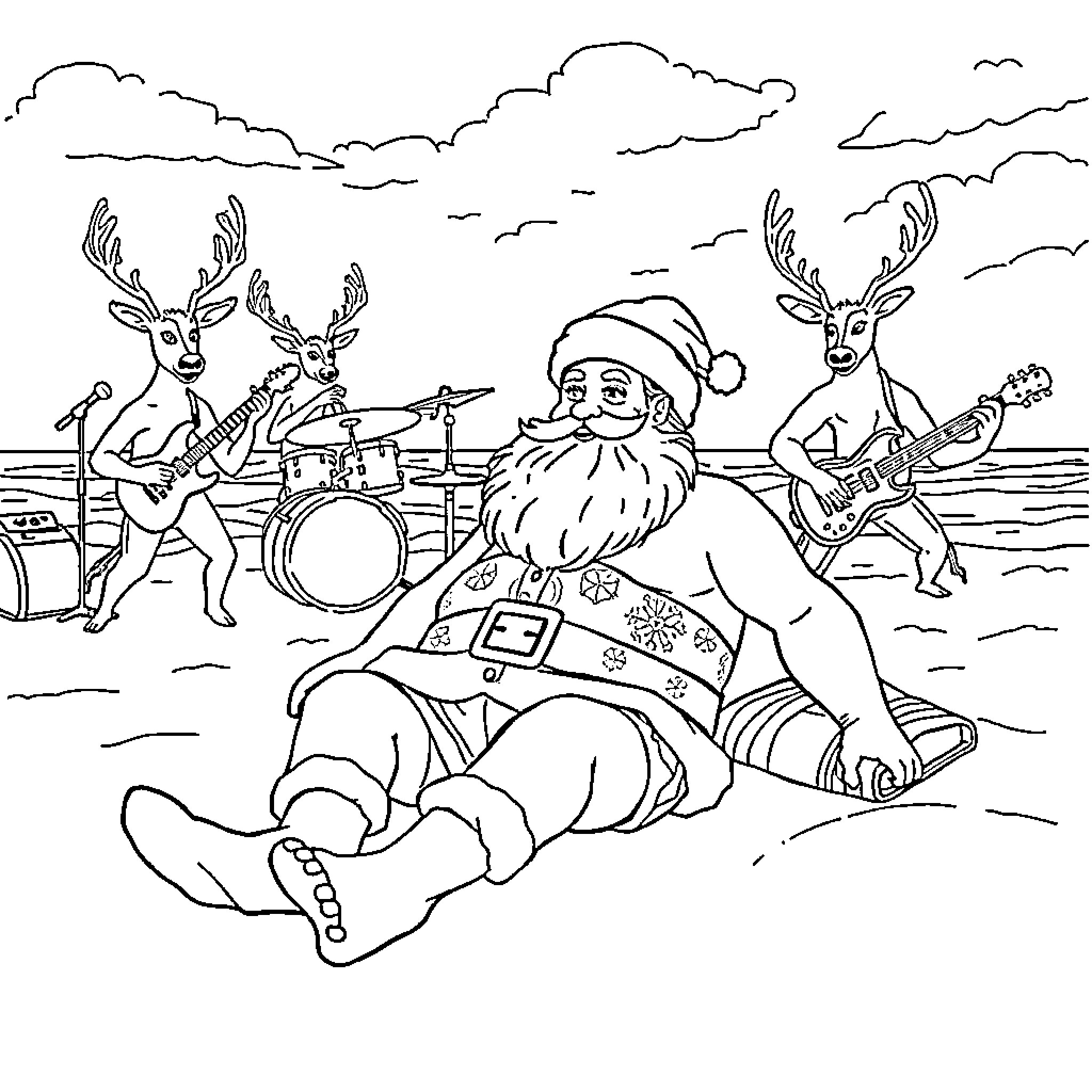 Santa rocking out with reindeer band on the beach Coloring Page (free black-and-white line drawing printable PDF for all, from beginners to advanced learners, including children, teens, adults, and seniors)