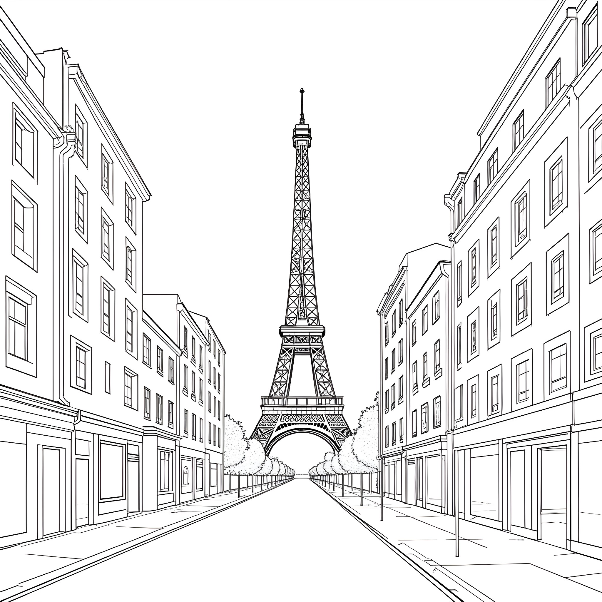 Eiffel Tower in the heart of Paris Coloring Page (free black-and-white line drawing printable PDF for all, from beginners to advanced learners, including children, teens, adults, and seniors)