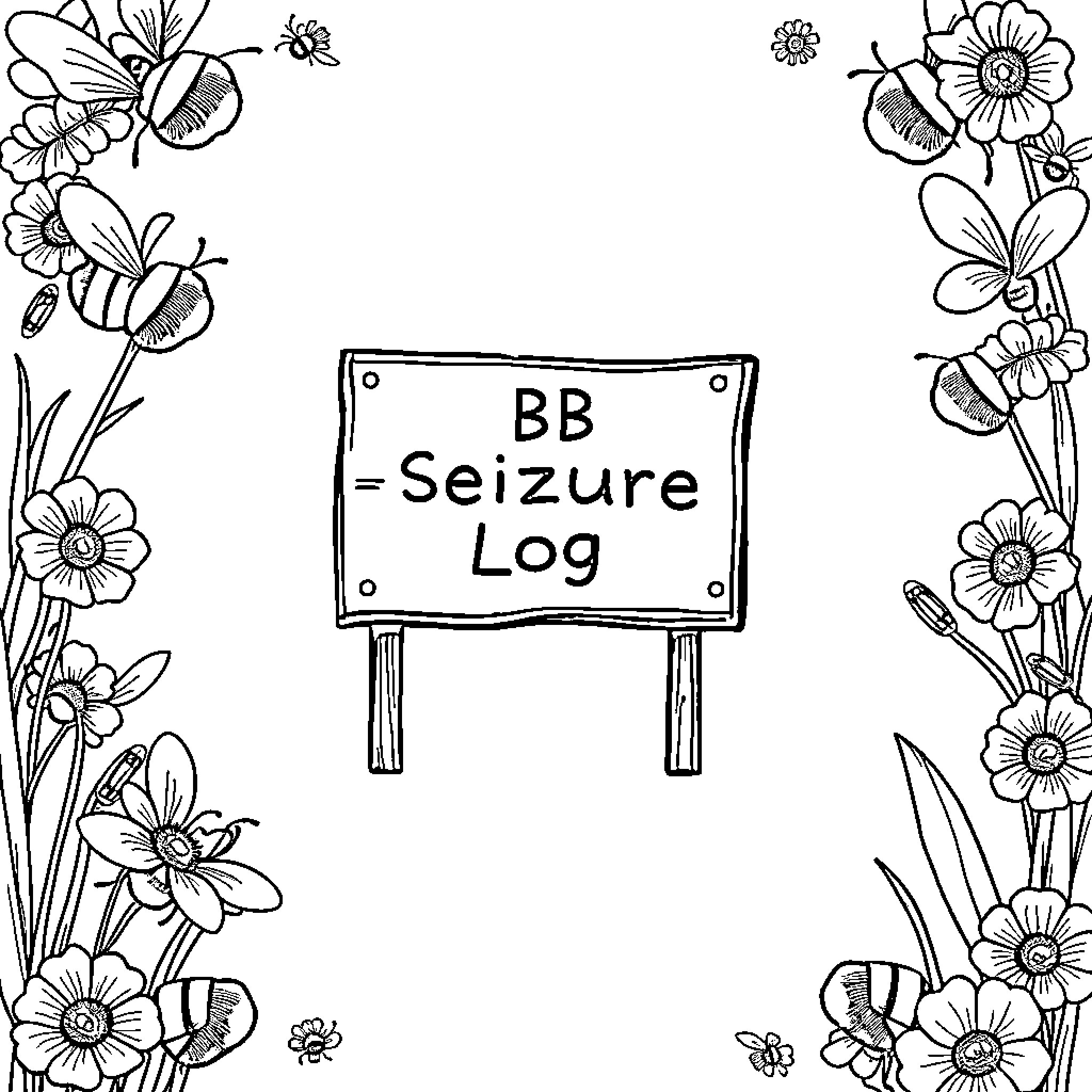 Bee Seizure Log in Flower Garden Coloring Page (free black-and-white line drawing printable PDF for all, from beginners to advanced learners, including children, teens, adults, and seniors)