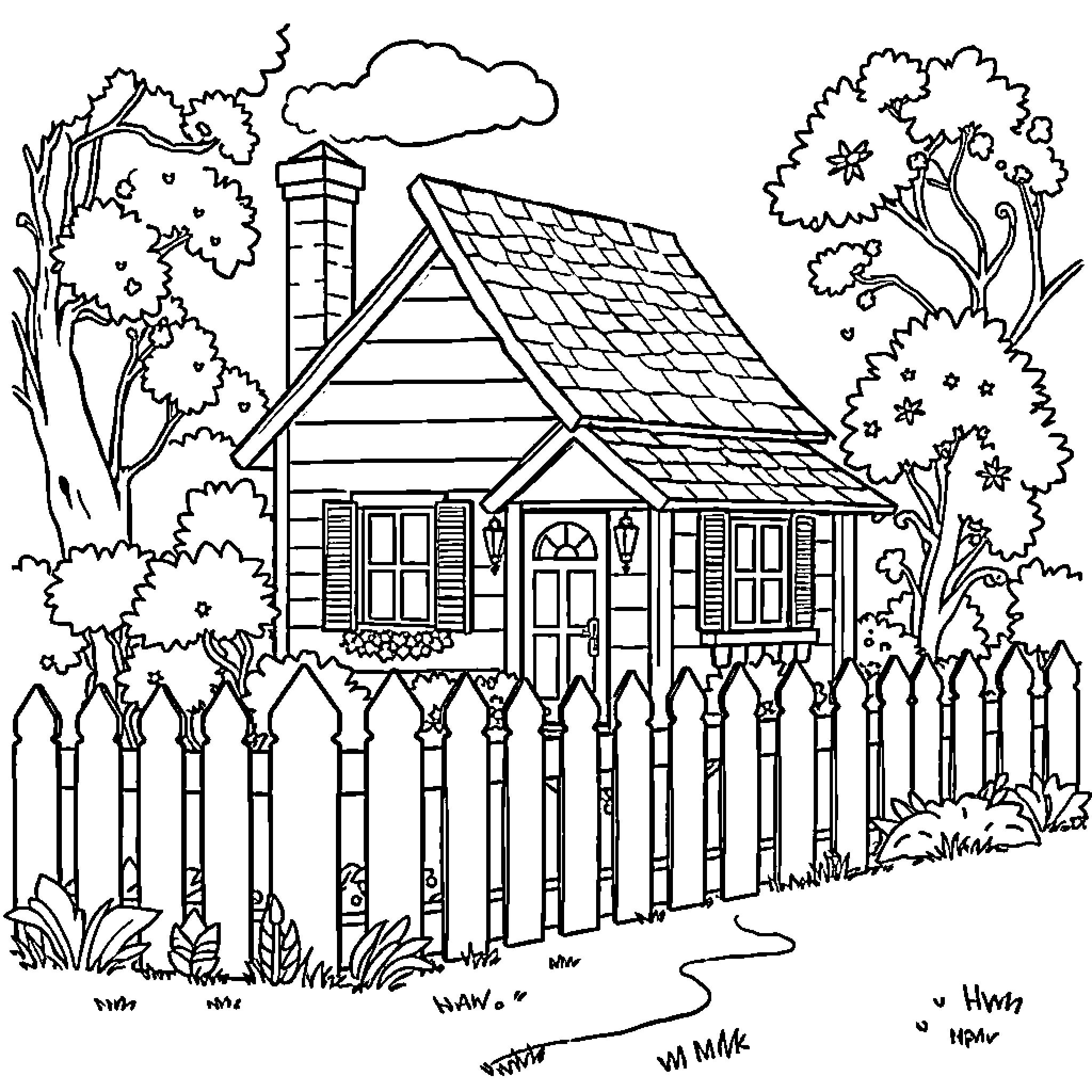 House with a Peaceful Cottage Exterior Coloring Page (free black-and-white line drawing printable PDF for all, from beginners to advanced learners, including children, teens, adults, and seniors)