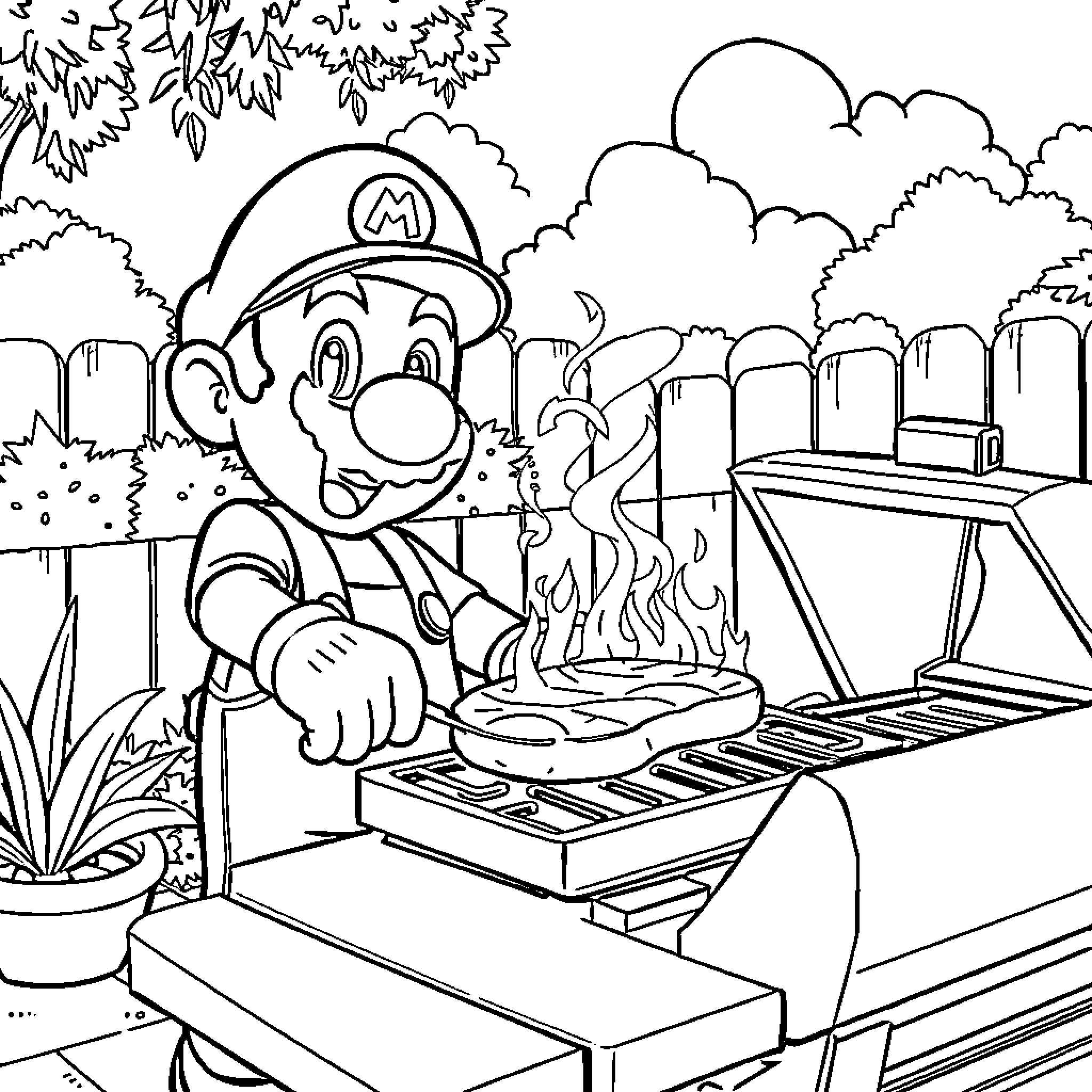 Mario Grilling in Outdoor Adventure Coloring Page (free black-and-white line drawing printable PDF for all, from beginners to advanced learners, including children, teens, adults, and seniors)