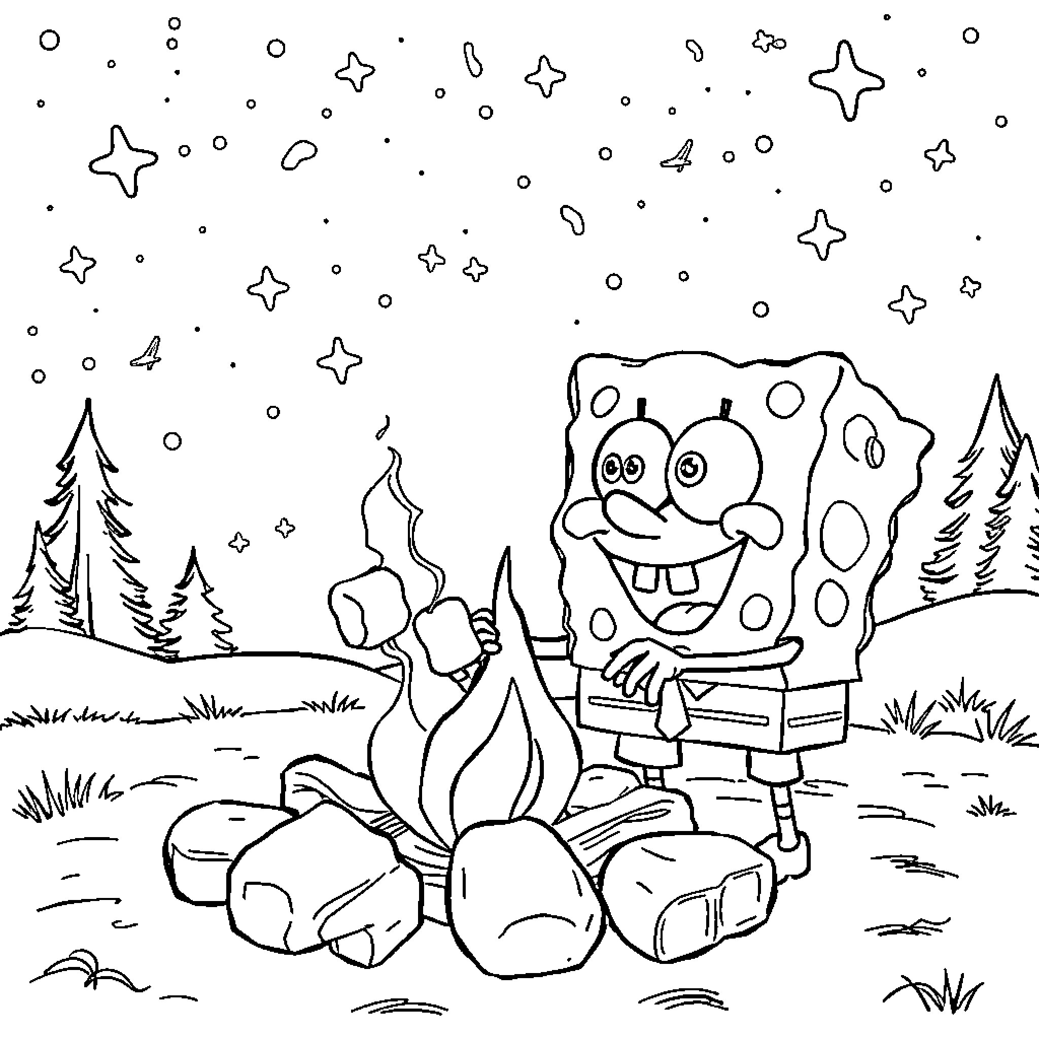 Spongebob enjoying a campfire in the night sky Coloring Page (free black-and-white line drawing printable PDF for all, from beginners to advanced learners, including children, teens, adults, and seniors)
