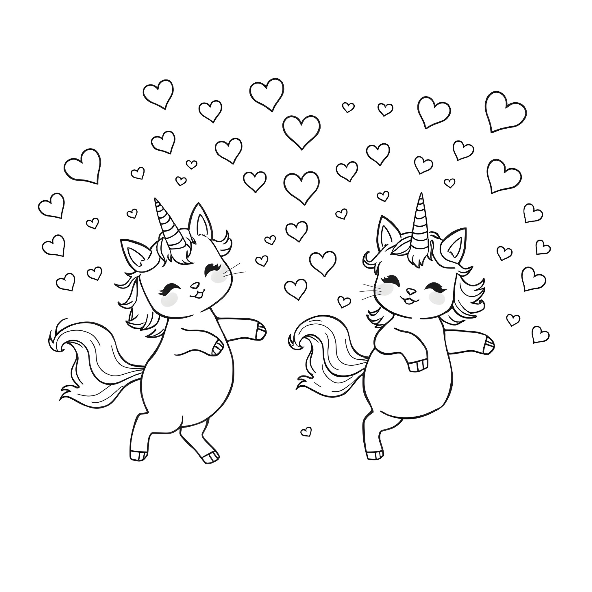 Kittycorns dancing amidst hearts Coloring Page (free black-and-white line drawing printable PDF for all, from beginners to advanced learners, including children, teens, adults, and seniors)