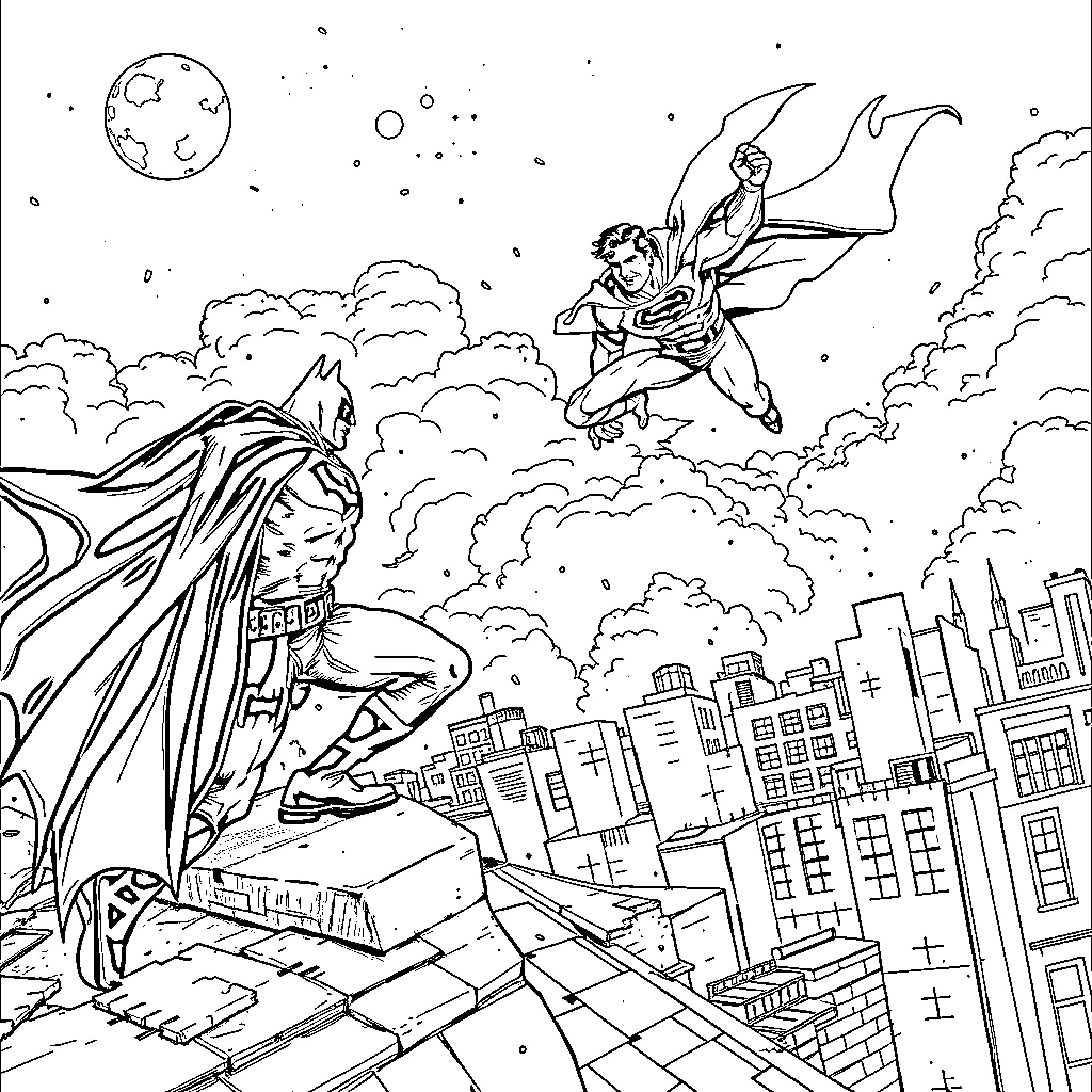 Superman heroically rescuing a person in a night city skyline Coloring Page (free black-and-white line drawing printable PDF for all, from beginners to advanced learners, including children, teens, adults, and seniors)