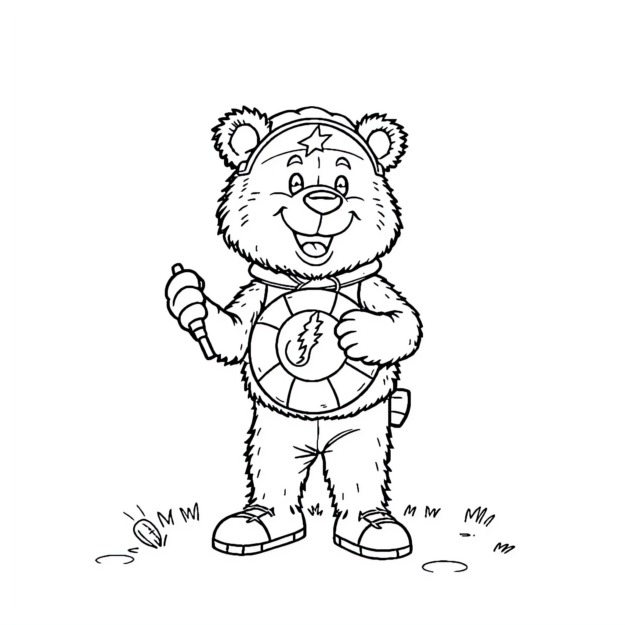Bear happily holding life preserver Coloring Page (free black-and-white line drawing printable PDF for all, from beginners to advanced learners, including children, teens, adults, and seniors)