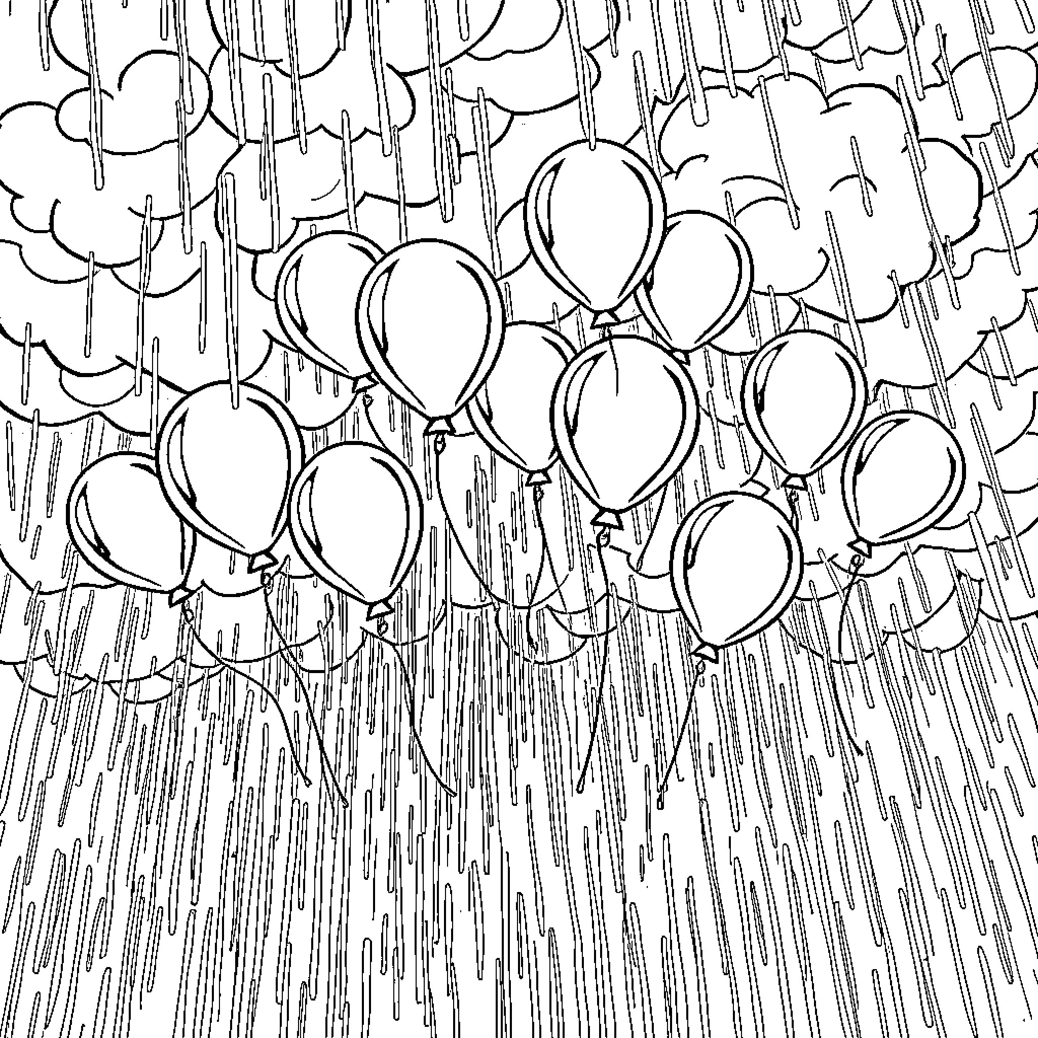 Balloon Floating in the Rain Coloring Page (free black-and-white line drawing printable PDF for all, from beginners to advanced learners, including children, teens, adults, and seniors)