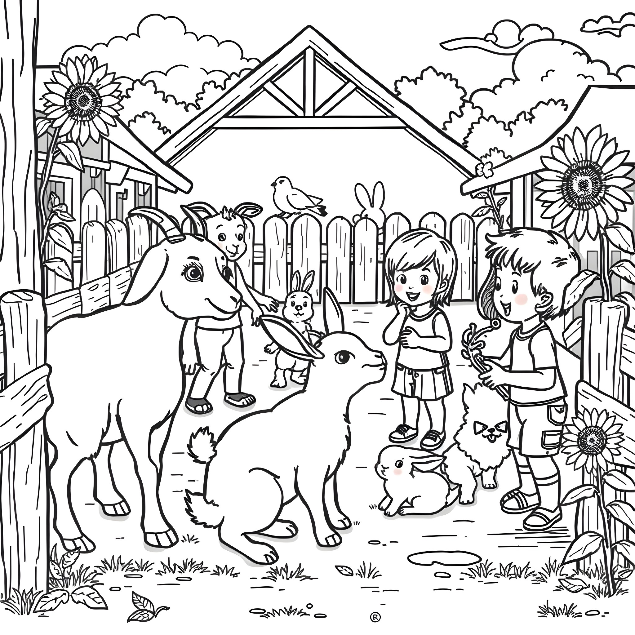 Bonnie Blue's Countryside Farm Adventure Coloring Page (free black-and-white line drawing printable PDF for all, from beginners to advanced learners, including children, teens, adults, and seniors)