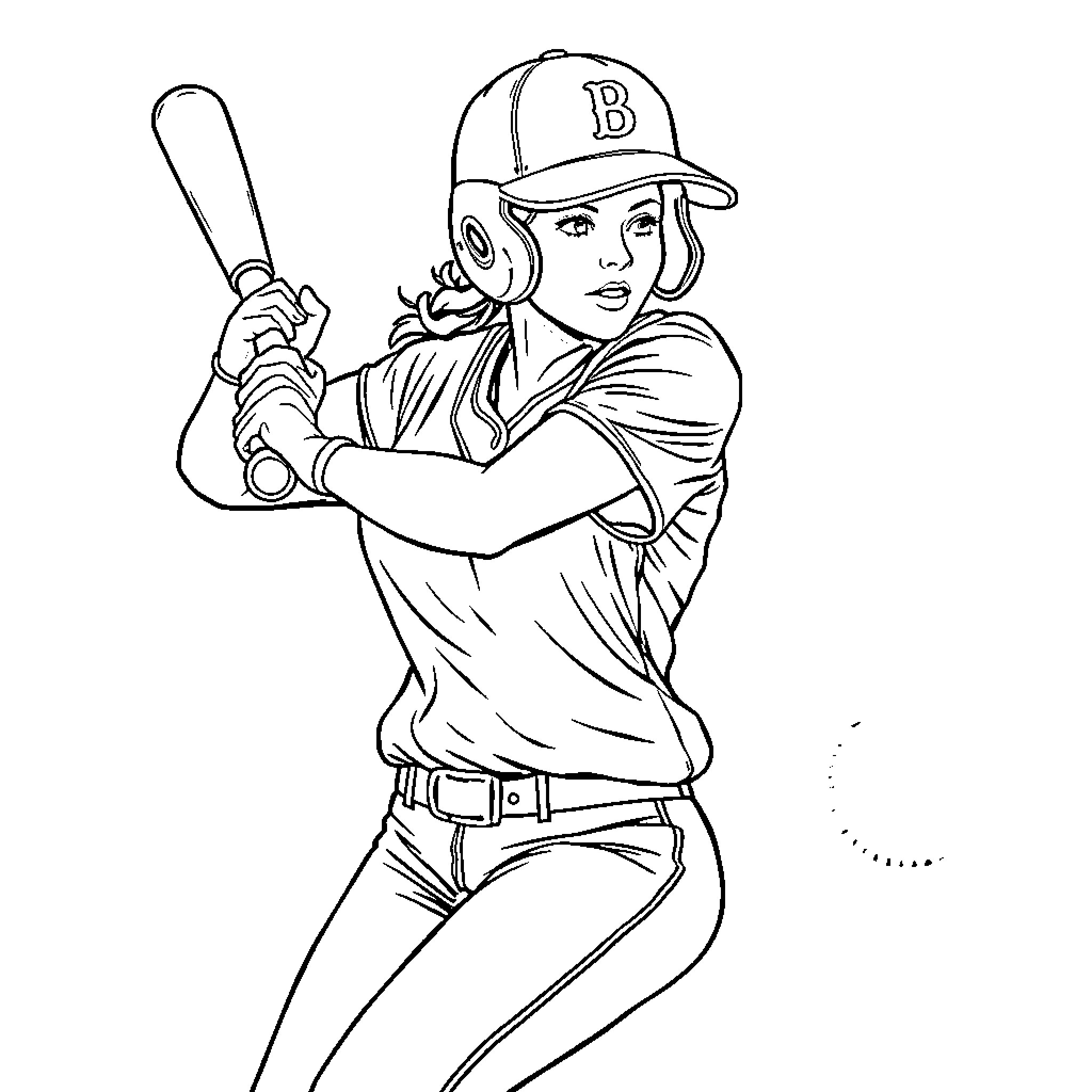 Softball Player Batting with Determination Coloring Page (free black-and-white line drawing printable PDF for all, from beginners to advanced learners, including children, teens, adults, and seniors)