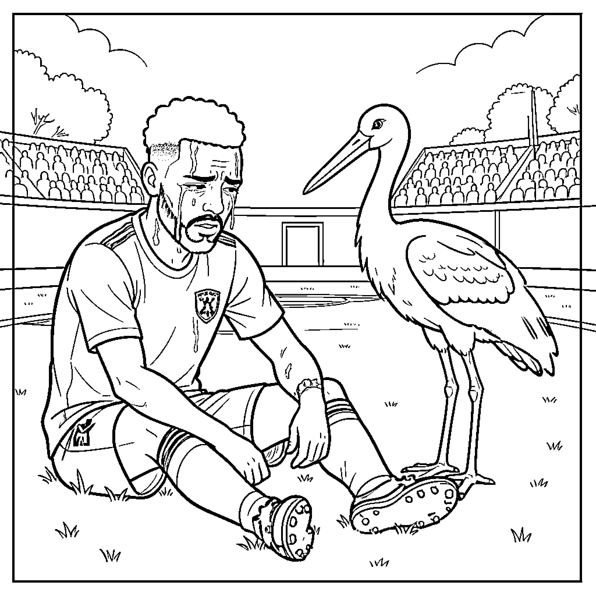 Neymar sitting sadly on the field with a bird Coloring Page (free black-and-white line drawing printable PDF for all, from beginners to advanced learners, including children, teens, adults, and seniors)
