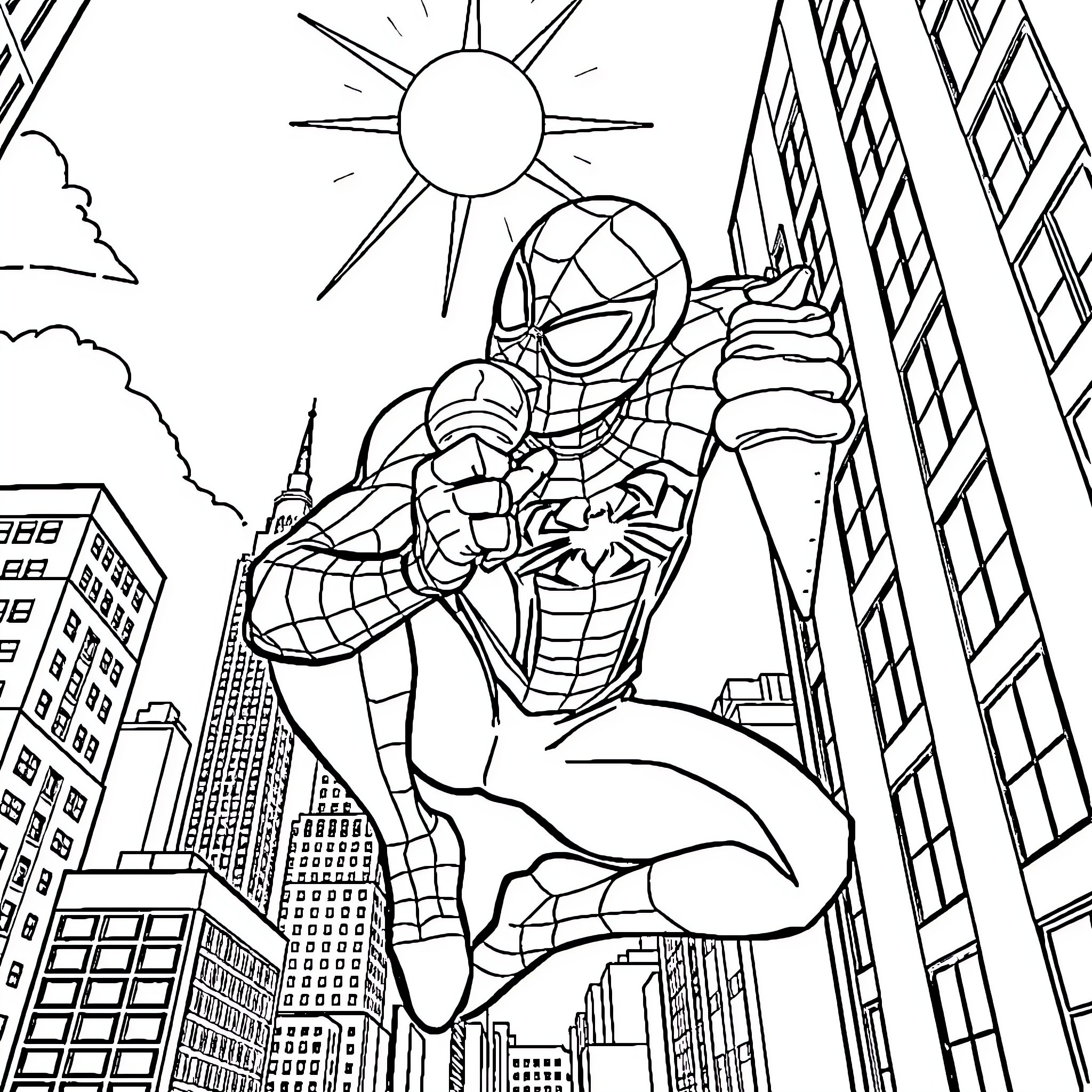 Spider-Man swinging through the city skyline Coloring Page (free black-and-white line drawing printable PDF for all, from beginners to advanced learners, including children, teens, adults, and seniors)