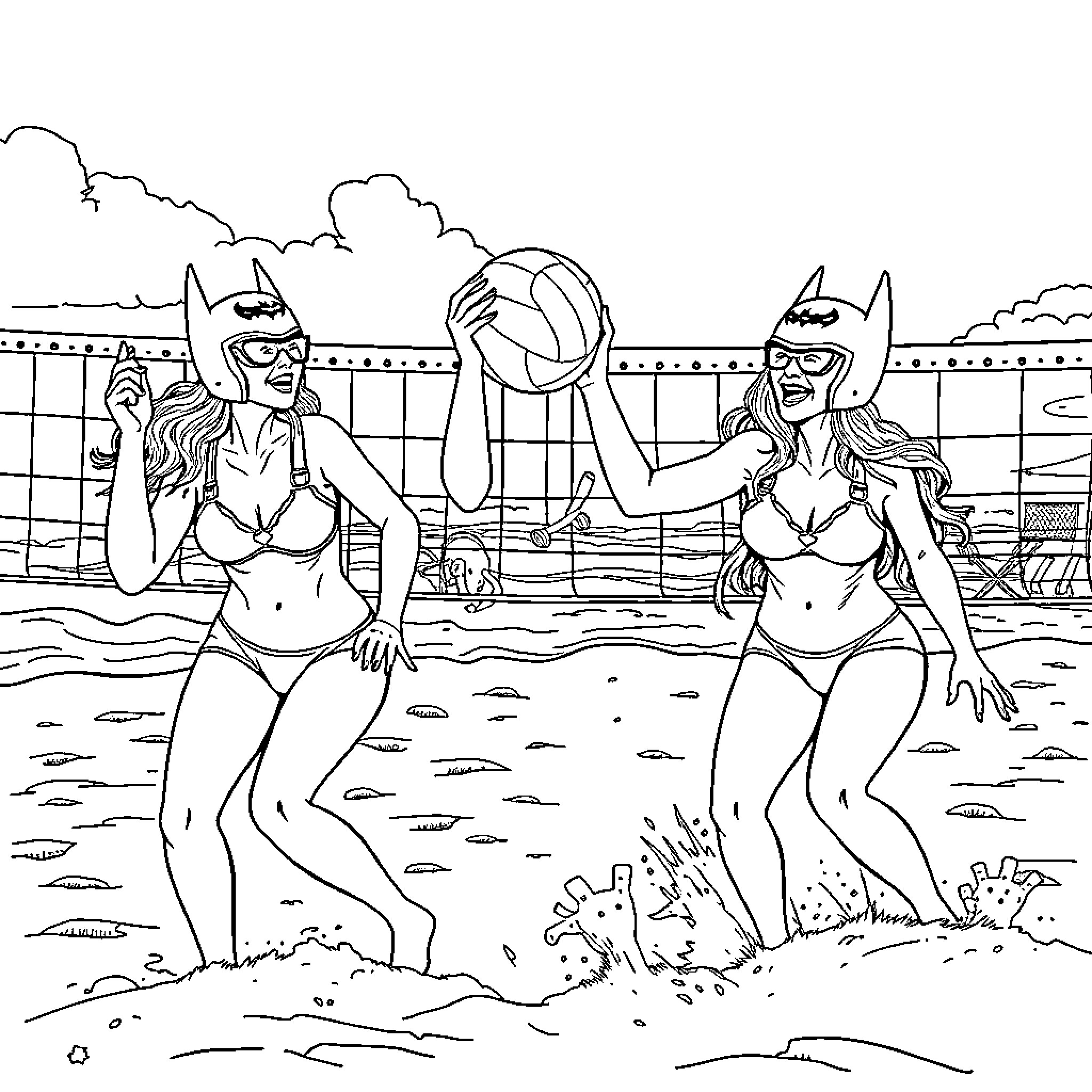 Women playing volleyball on the beach Coloring Page (free black-and-white line drawing printable PDF for all, from beginners to advanced learners, including children, teens, adults, and seniors)