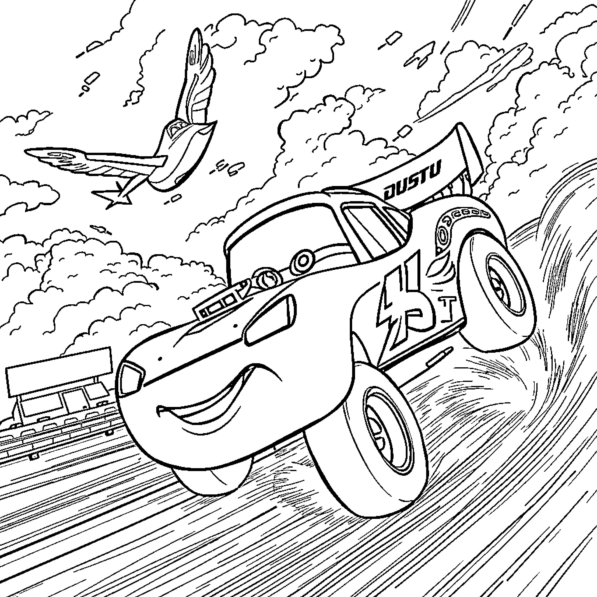 Dusty Race Car Soaring through Clouds Coloring Page (free black-and-white line drawing printable PDF for all, from beginners to advanced learners, including children, teens, adults, and seniors)
