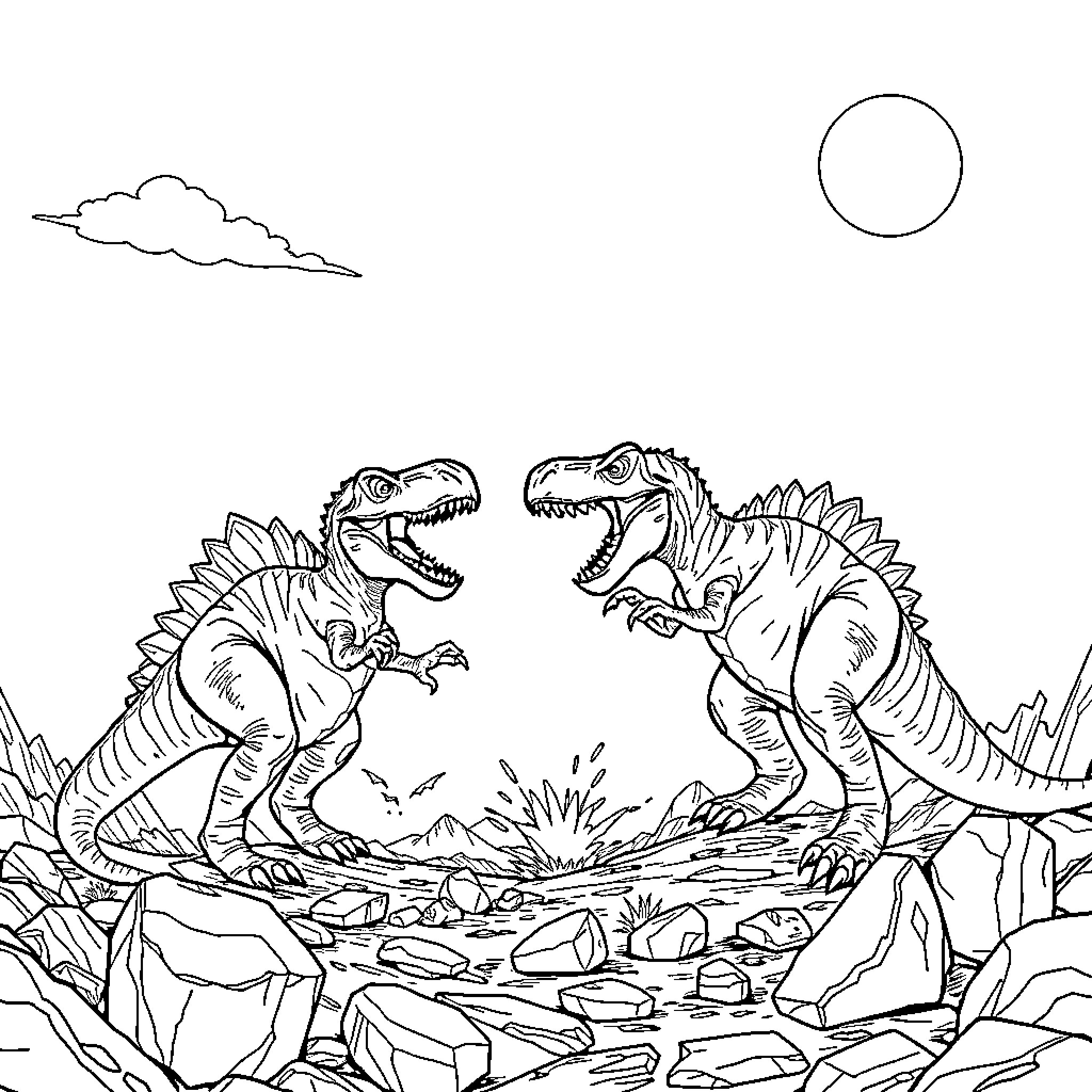 Dinosaurs fighting fiercely in a rocky landscape Coloring Page (free black-and-white line drawing printable PDF for all, from beginners to advanced learners, including children, teens, adults, and seniors)
