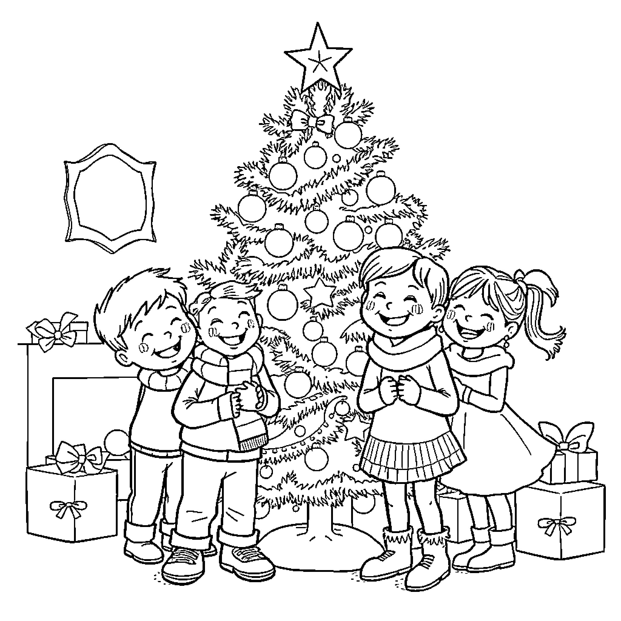 Mom and kids decorating Christmas tree together Coloring Page (free black-and-white line drawing printable PDF for all, from beginners to advanced learners, including children, teens, adults, and seniors)