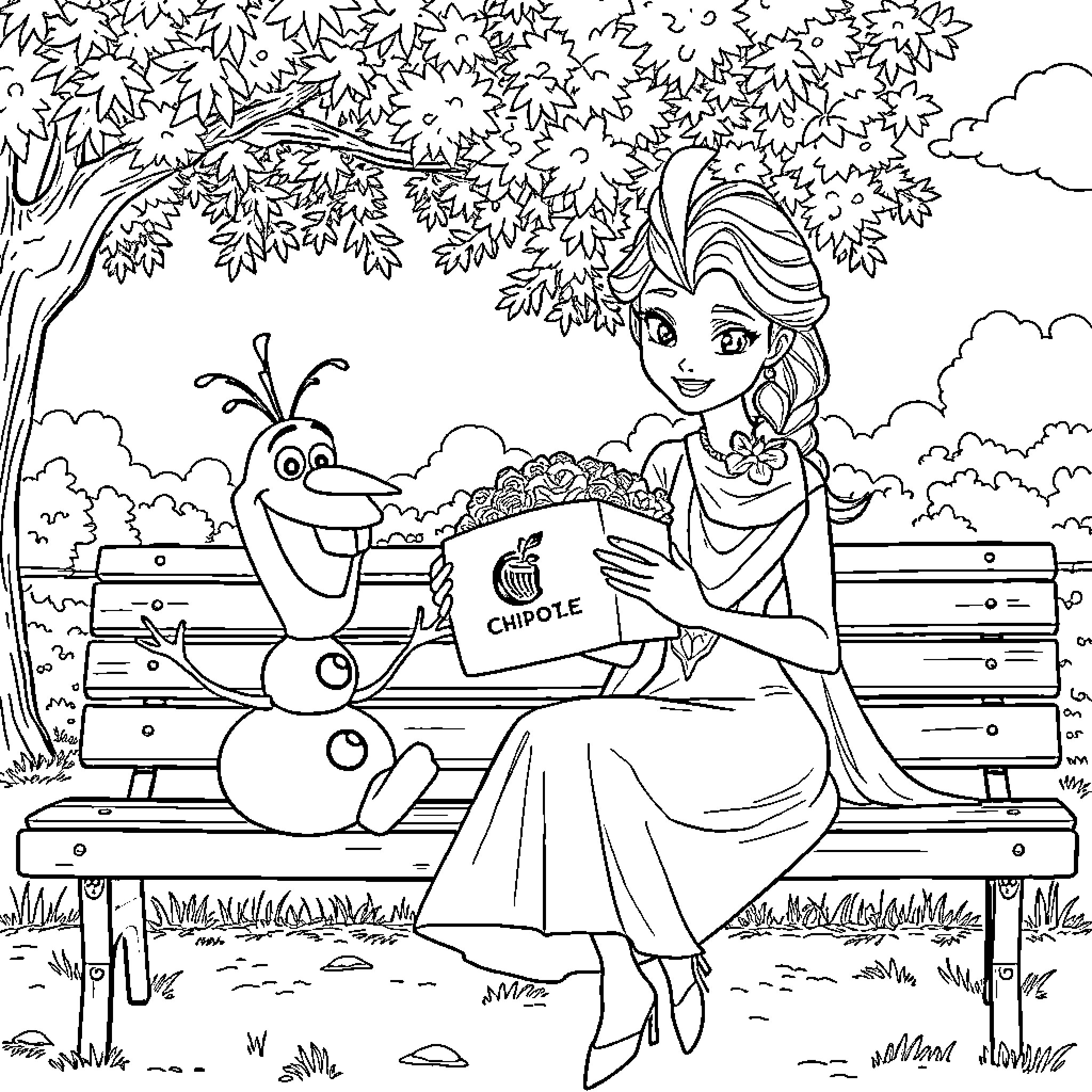 Elsa enjoying a picnic with Olaf in the park Coloring Page (free black-and-white line drawing printable PDF for all, from beginners to advanced learners, including children, teens, adults, and seniors)