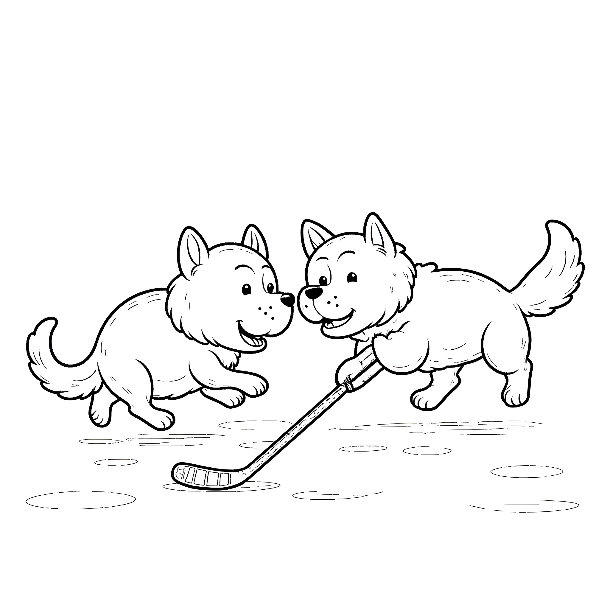Dogs playing with hockey stick on the field Coloring Page (free black-and-white line drawing printable PDF for all, from beginners to advanced learners, including children, teens, adults, and seniors)